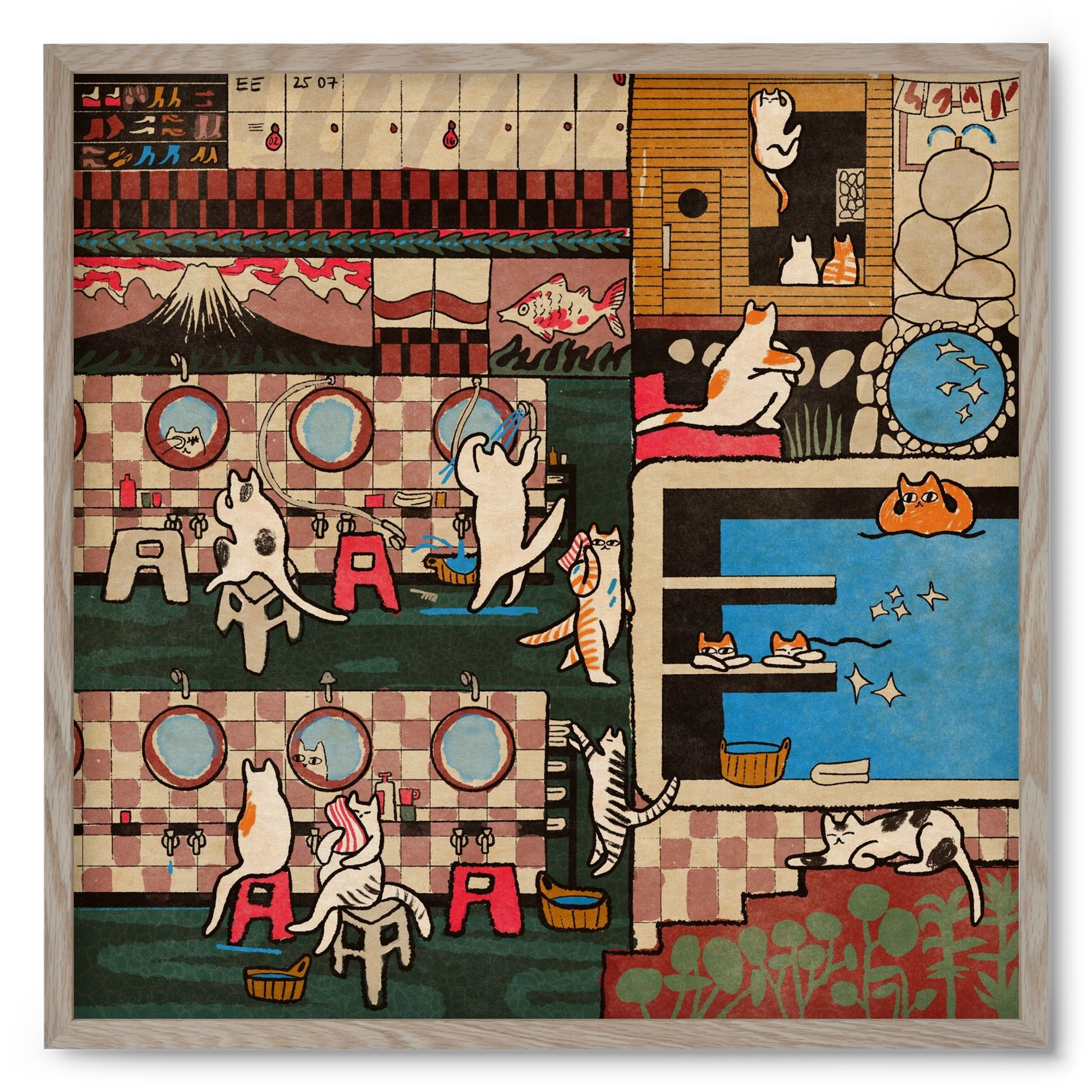 Cat onsen, 50x50 cm (50x50 cm), Tölgy keret