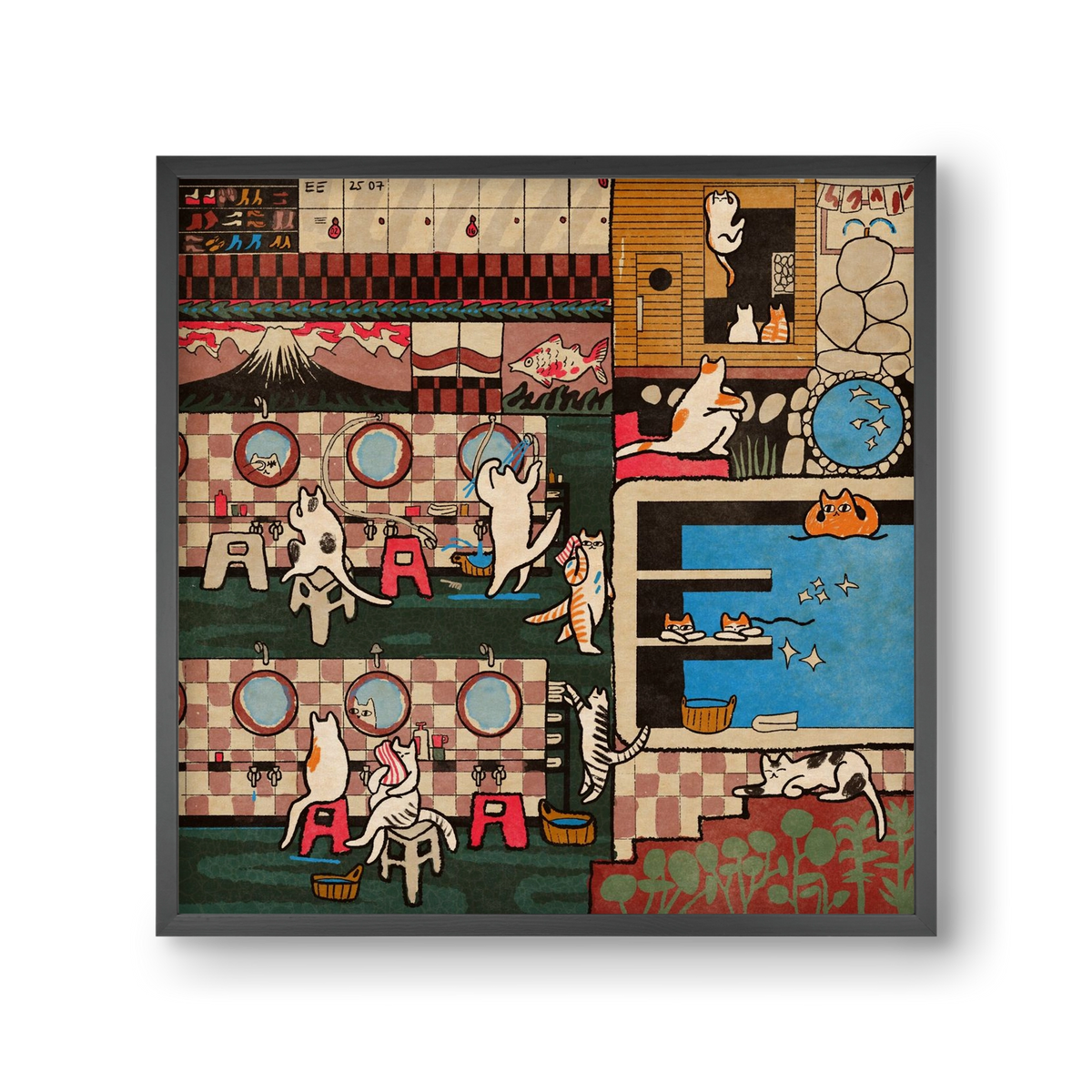 Cat onsen, 30x30 cm (30x30 cm), Fekete keret