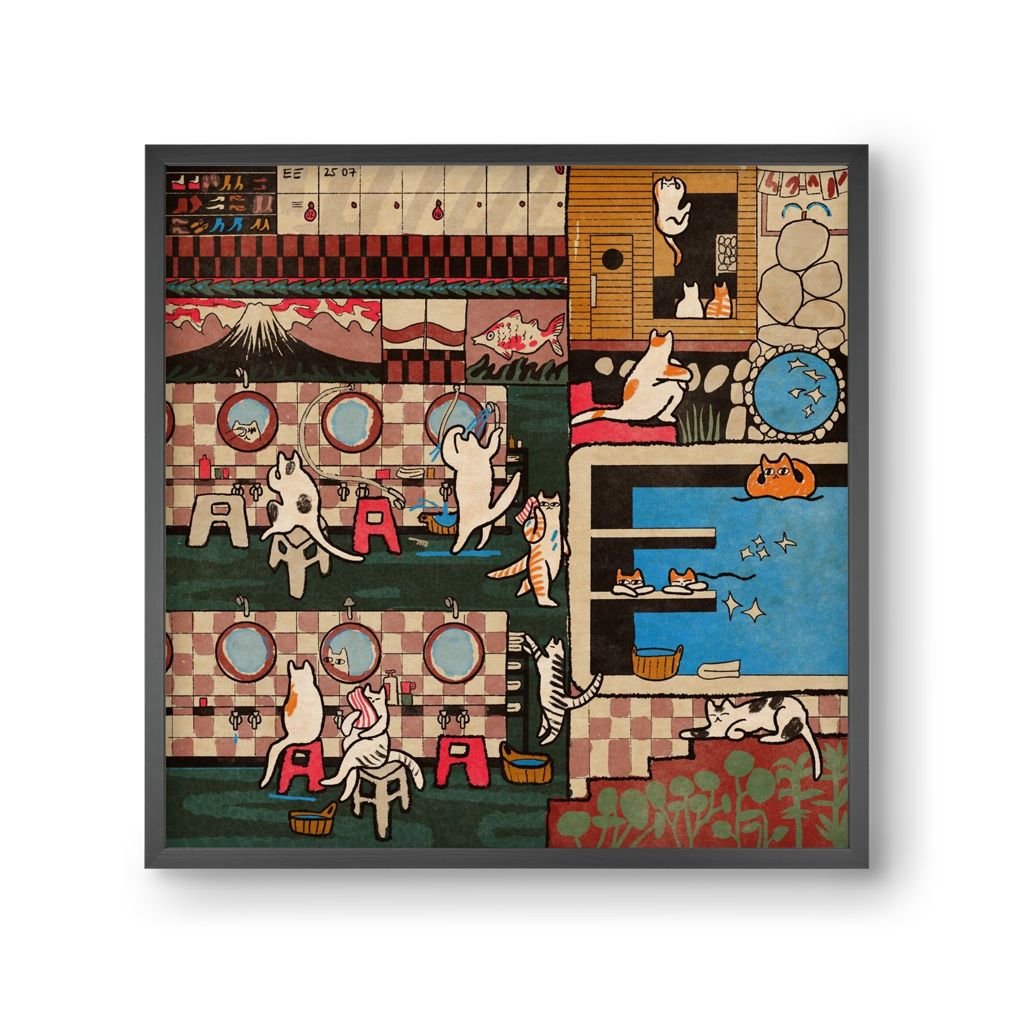 Cat onsen, 30x30 cm (30x30 cm), Fekete keret