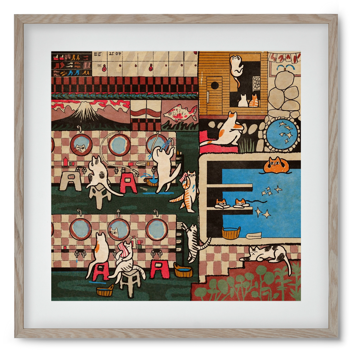 Cat onsen, 50x50 cm (40x40 cm), Tölgy keret, paszpartuval