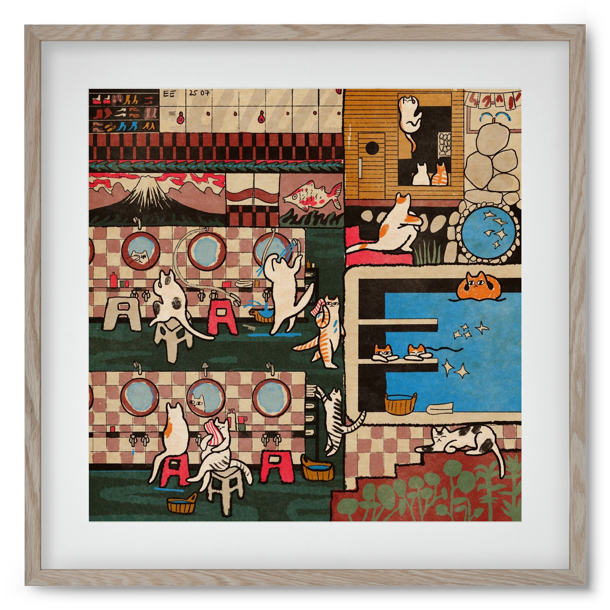 Cat onsen, 50x50 cm (40x40 cm), Tölgy keret, paszpartuval