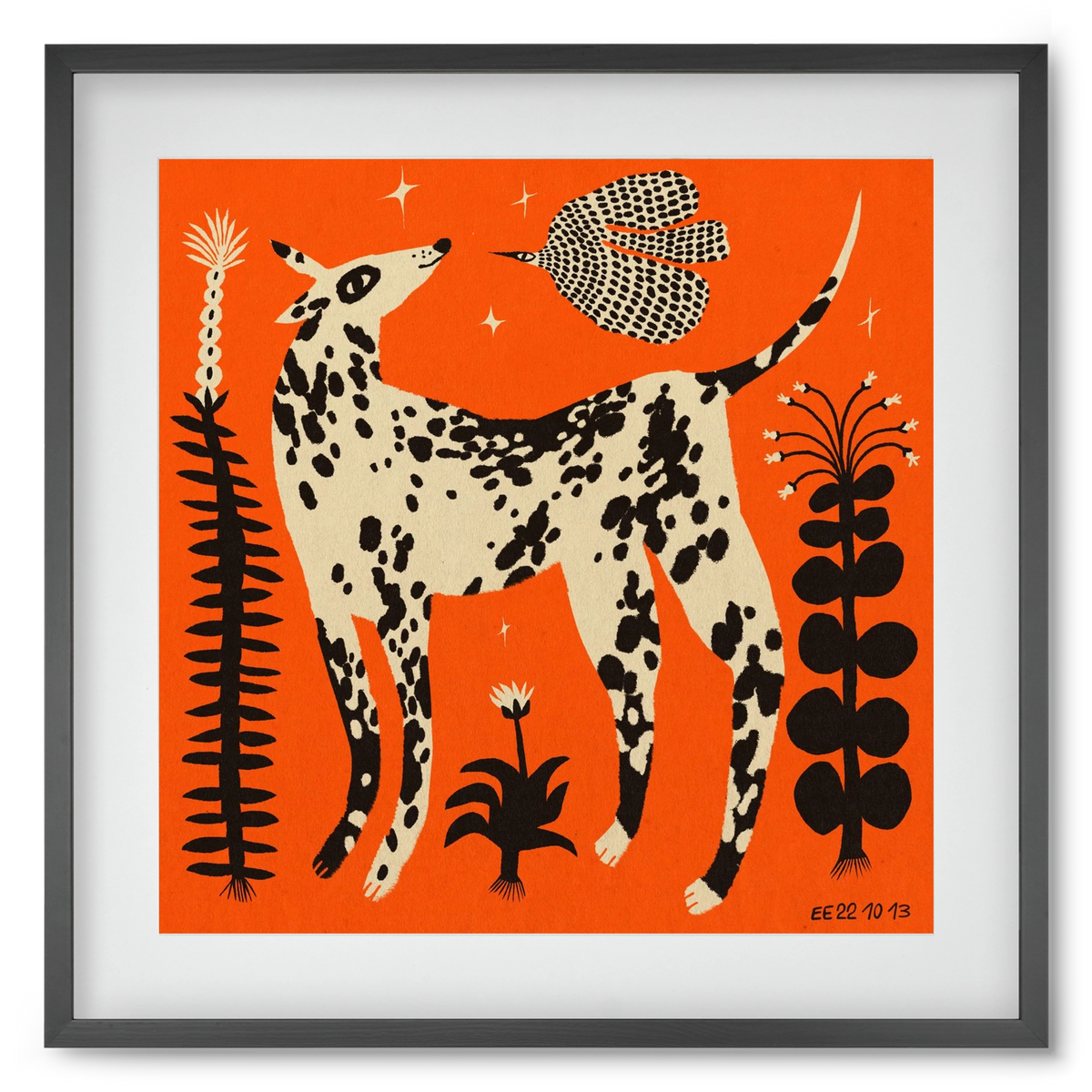 Spotted dog in the magic garden, 50x50 cm (40x40 cm), Fekete keret, paszpartuval