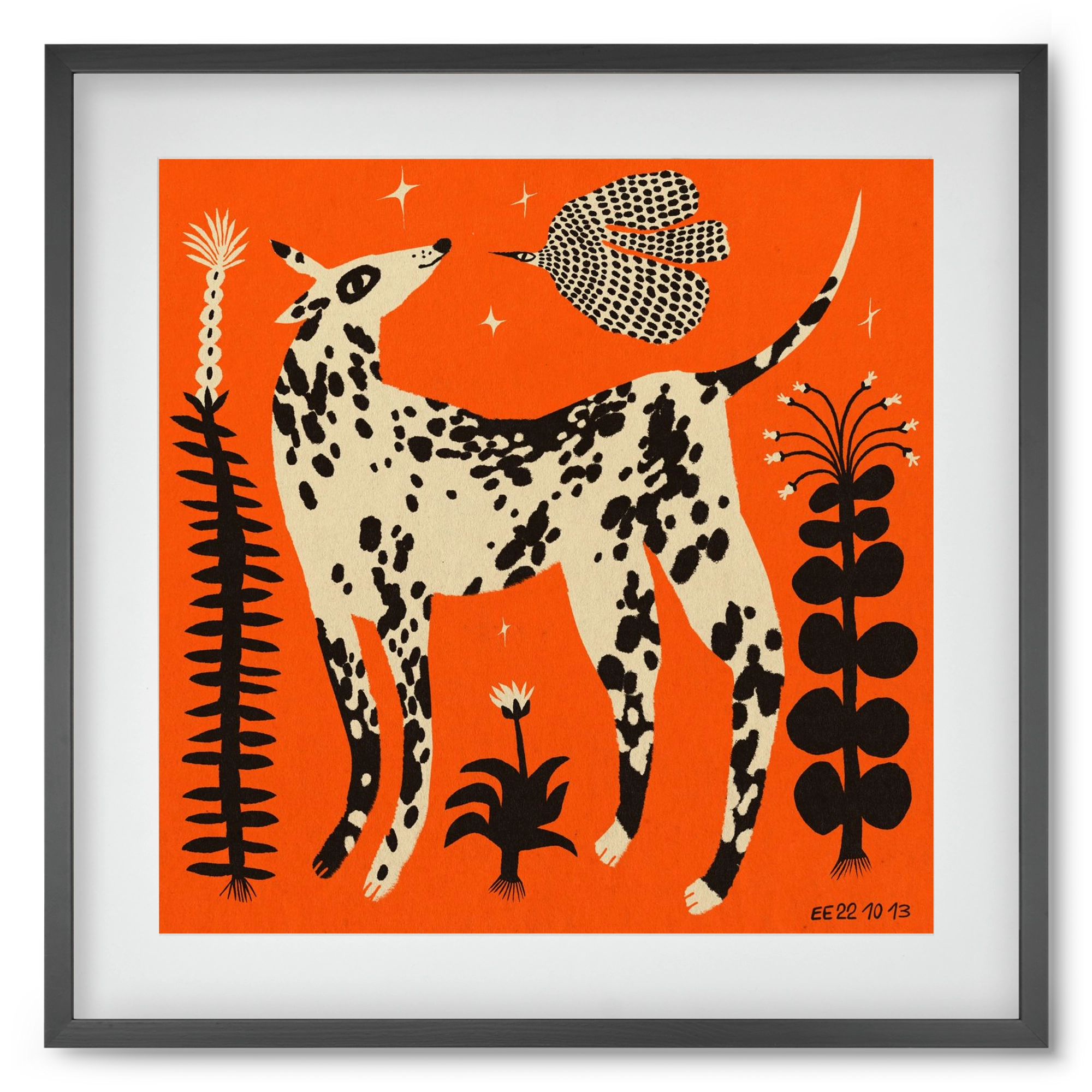 Spotted dog in the magic garden, 50x50 cm (40x40 cm), Fekete keret, paszpartuval