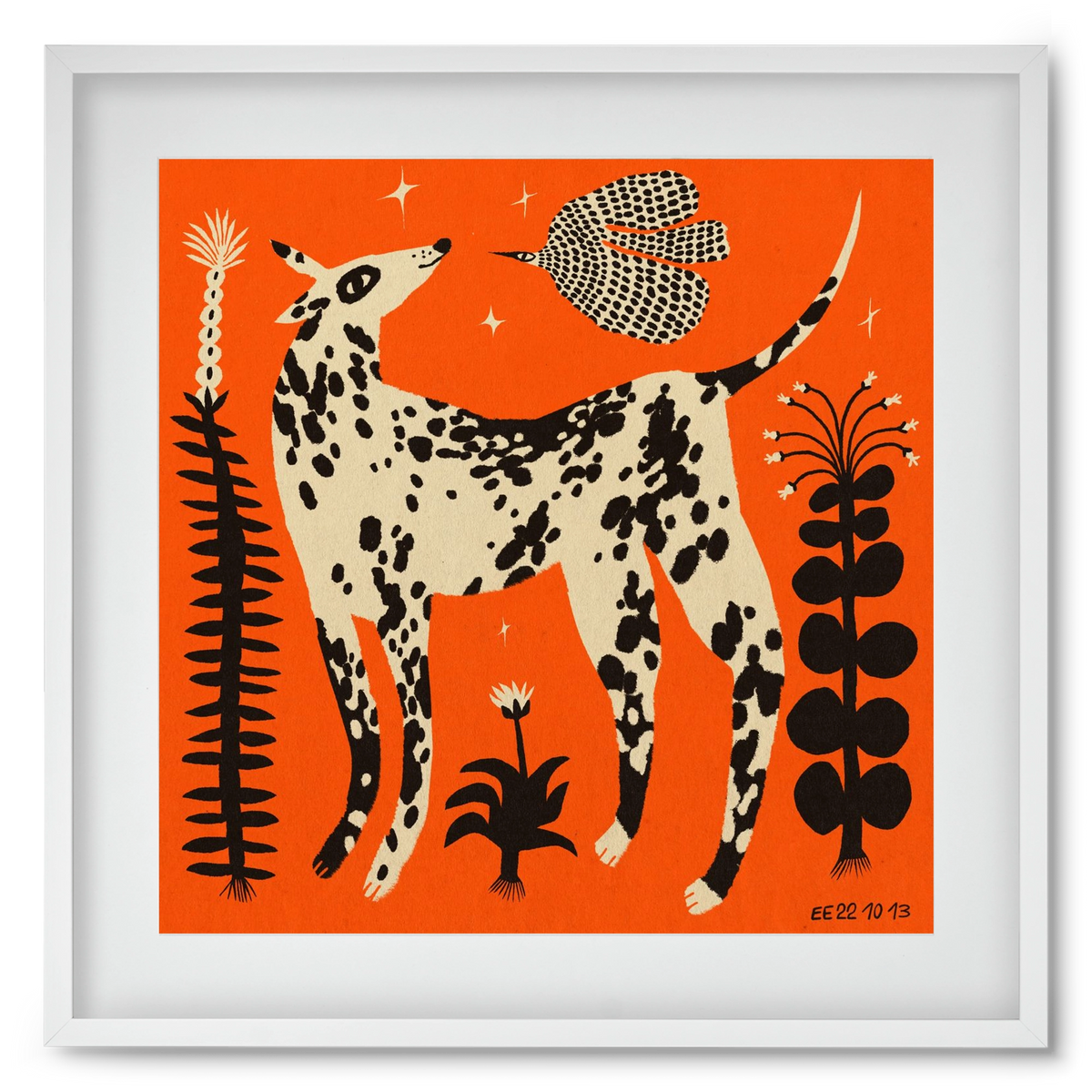 Spotted dog in the magic garden, 50x50 cm (40x40 cm), Fehér keret, paszpartuval