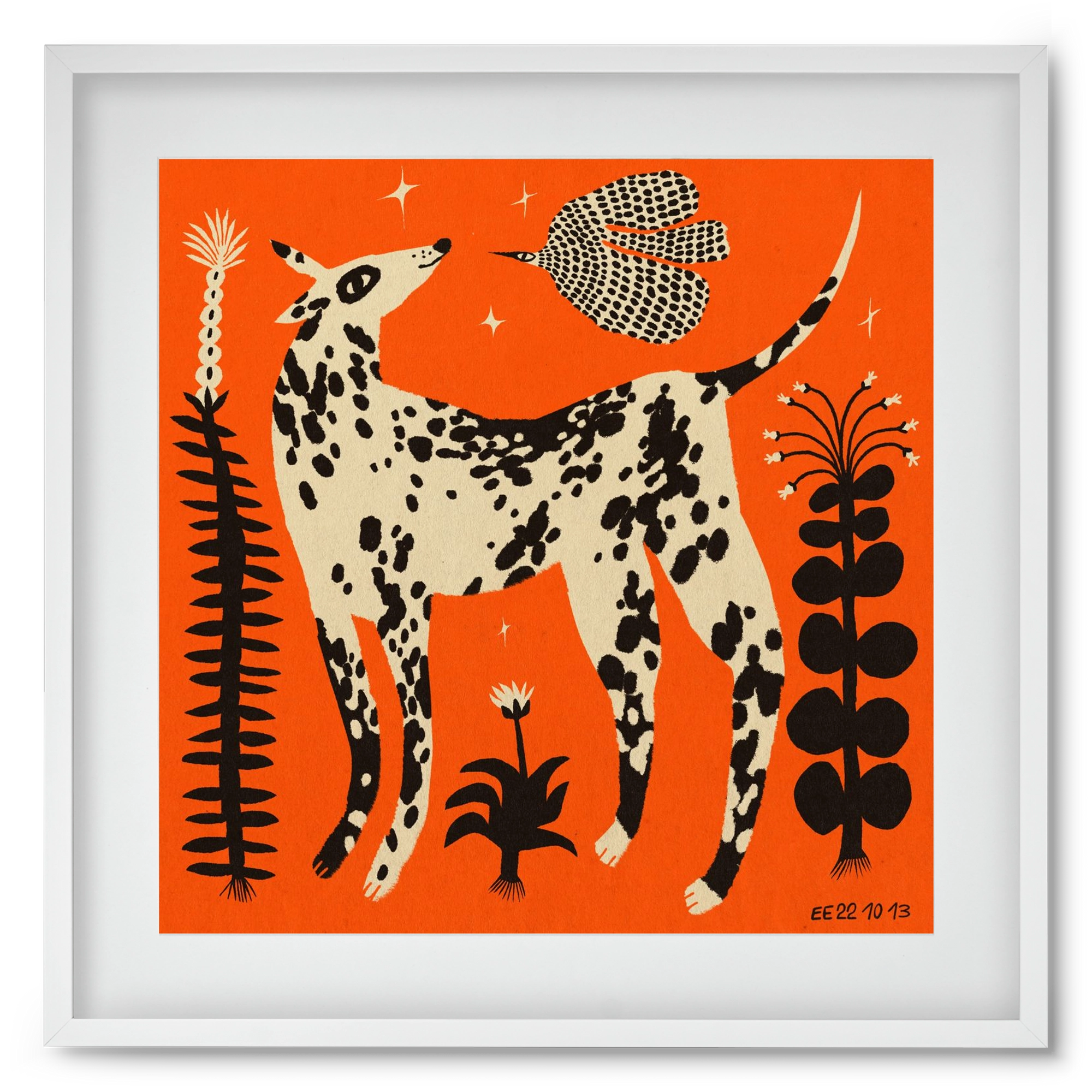Spotted dog in the magic garden, 50x50 cm (40x40 cm), Fehér keret, paszpartuval