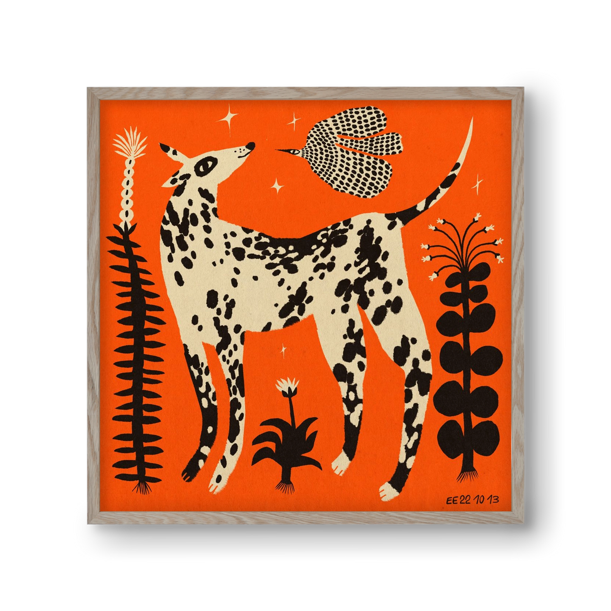 Spotted dog in the magic garden, 30x30 cm (30x30 cm), Tölgy keret