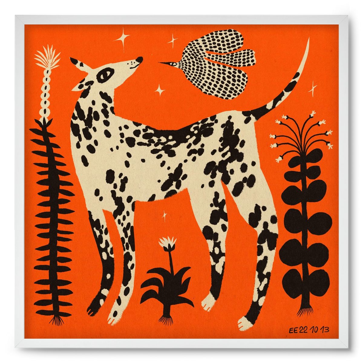 Spotted dog in the magic garden, 50x50 cm (50x50 cm), Fehér keret