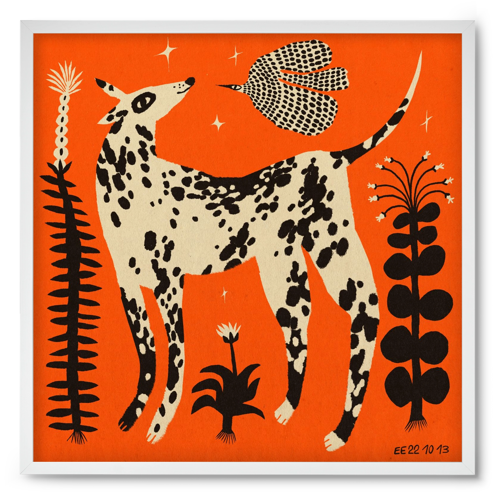 Spotted dog in the magic garden, 50x50 cm (50x50 cm), Fehér keret