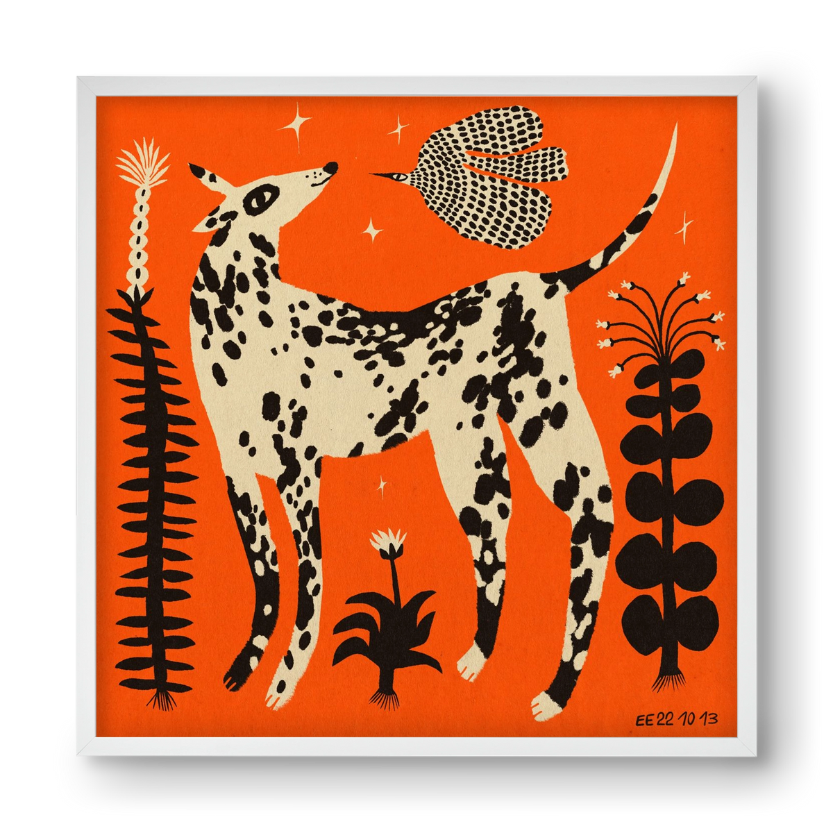 Spotted dog in the magic garden, 40x40 cm (40x40 cm), Fehér keret