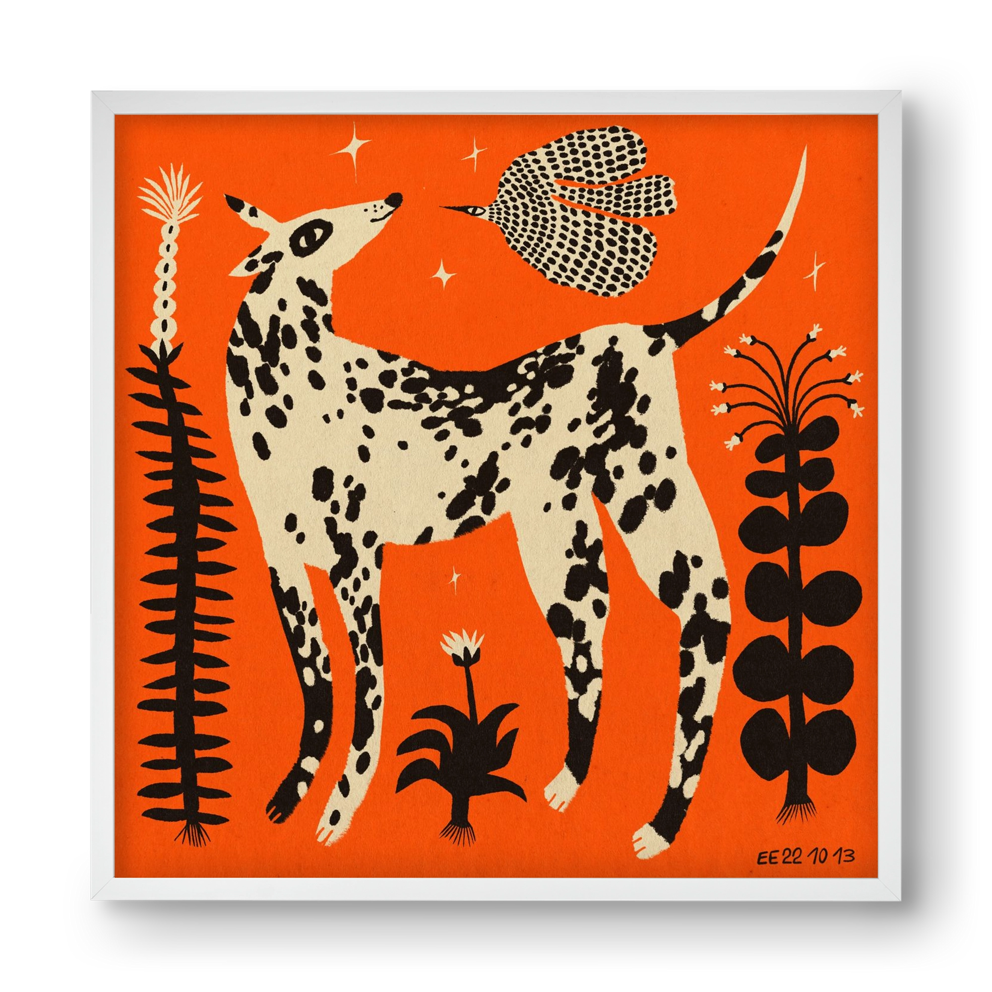 Spotted dog in the magic garden, 40x40 cm (40x40 cm), Fehér keret