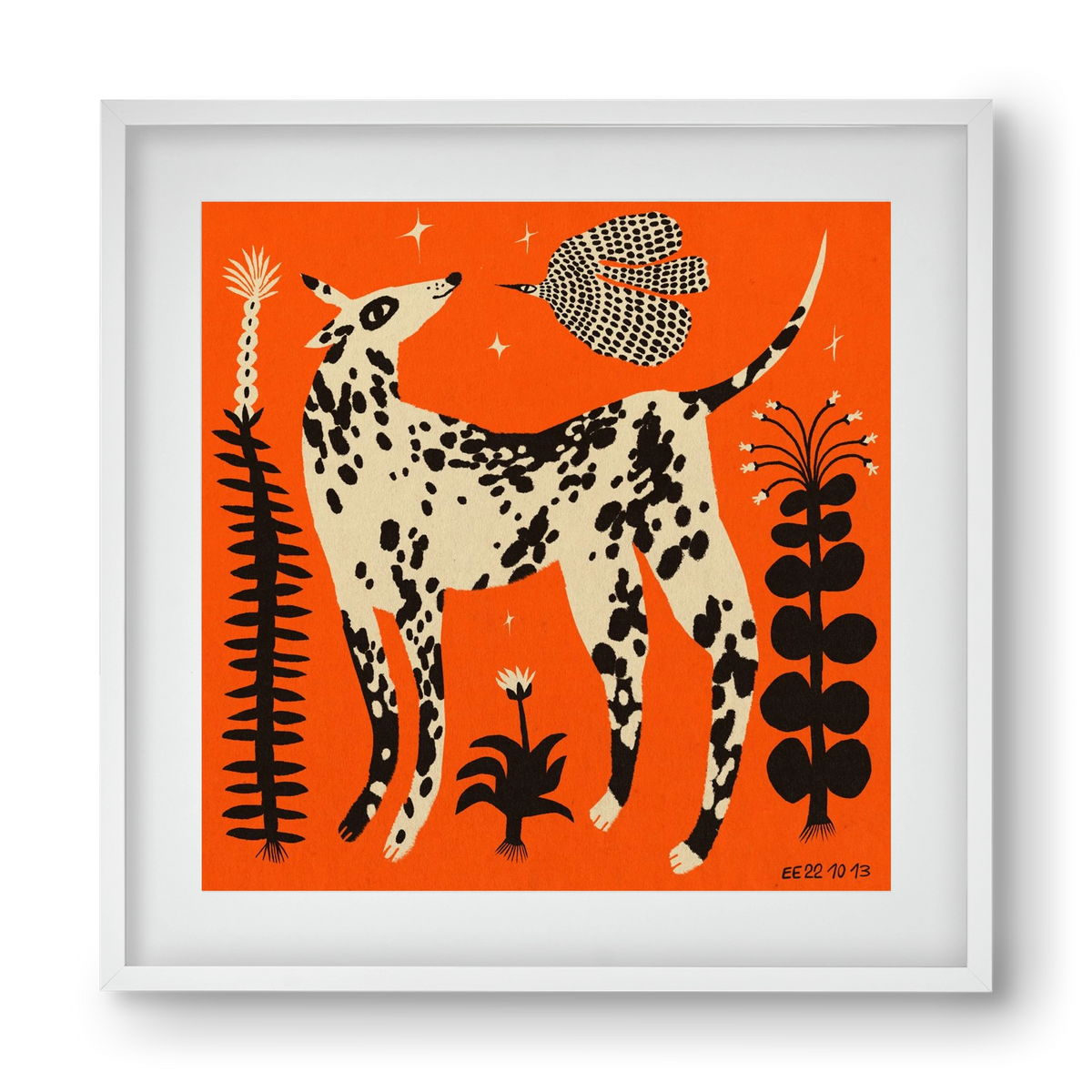Spotted dog in the magic garden, 40x40 cm (30x30 cm), Fehér keret, paszpartuval