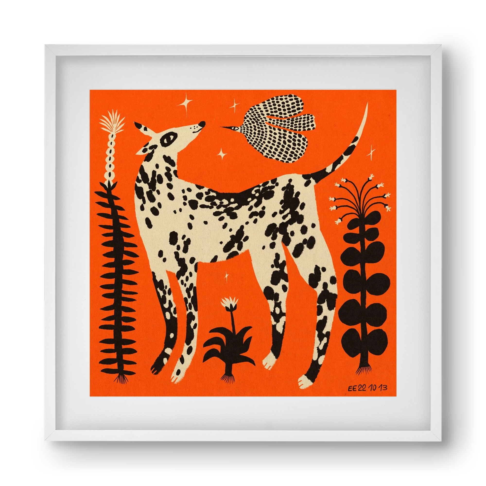 Spotted dog in the magic garden, 40x40 cm (30x30 cm), Fehér keret, paszpartuval