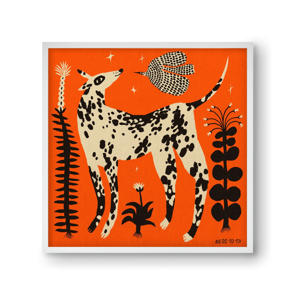 Spotted dog in the magic garden, 30x30 cm (30x30 cm), Fehér keret