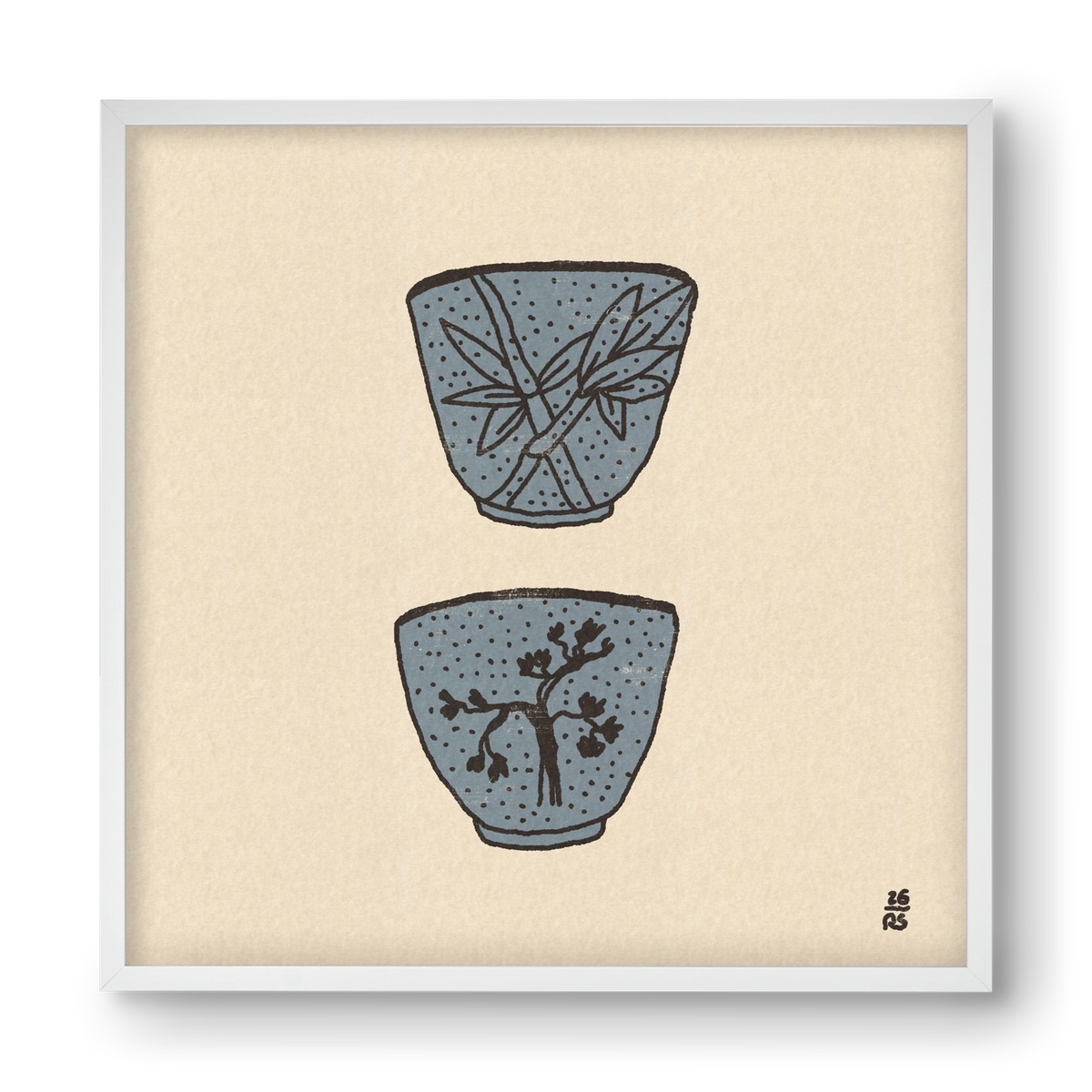 Tea Cups in Blue, 40x40 cm (40x40 cm), Fehér keret
