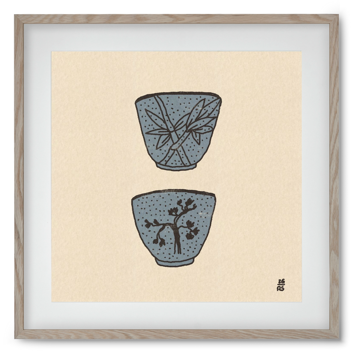 Tea Cups in Blue, 50x50 cm (40x40 cm), Tölgy keret, paszpartuval