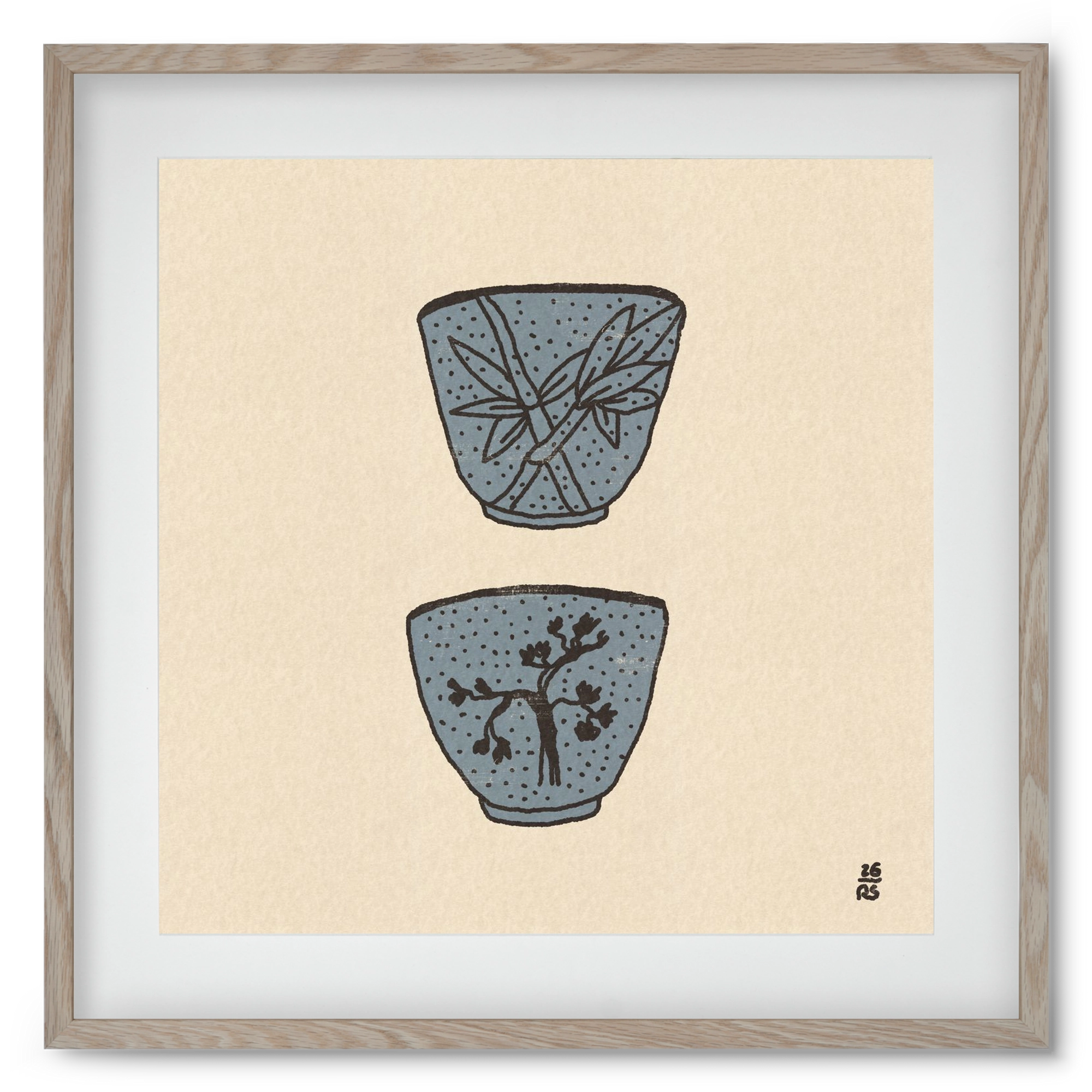 Tea Cups in Blue, 50x50 cm (40x40 cm), Tölgy keret, paszpartuval