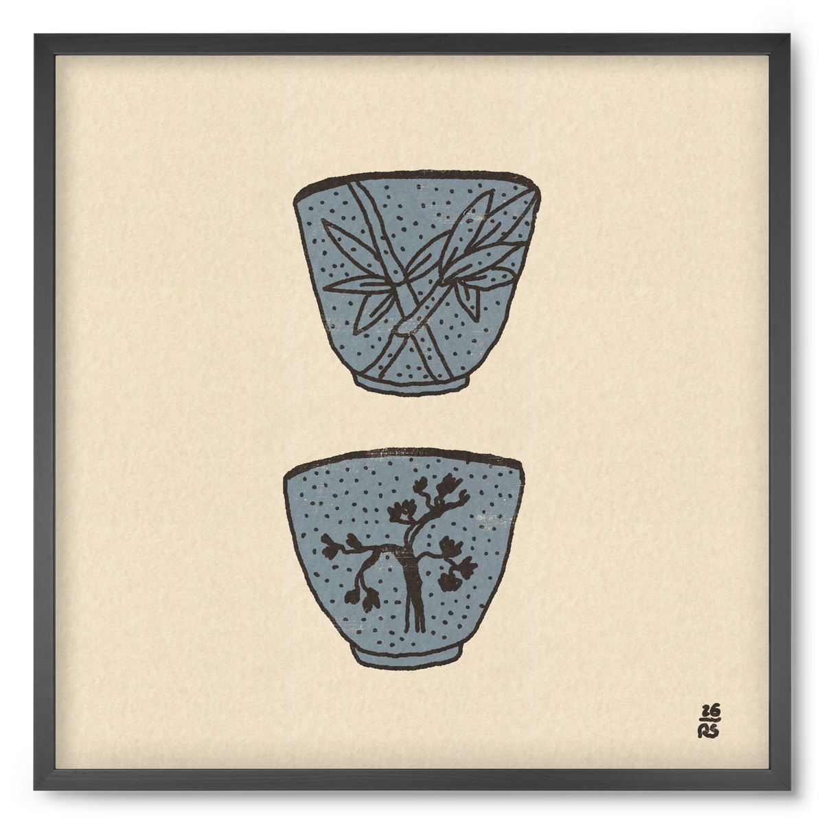 Tea Cups in Blue, 50x50 cm (50x50 cm), Fekete keret