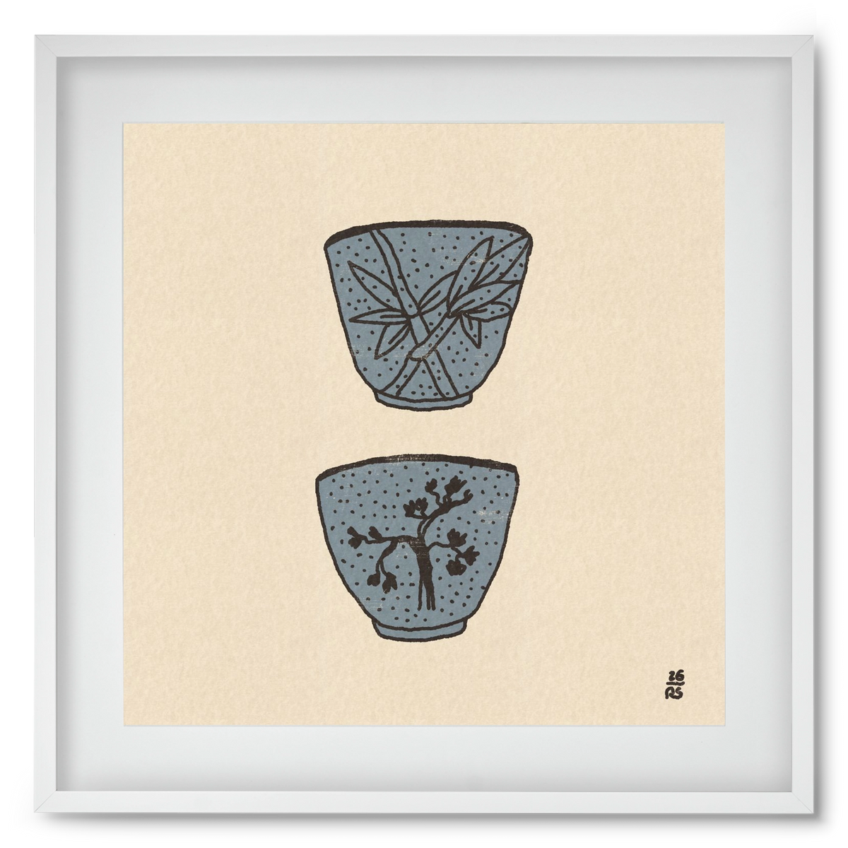 Tea Cups in Blue, 50x50 cm (40x40 cm), Fehér keret, paszpartuval