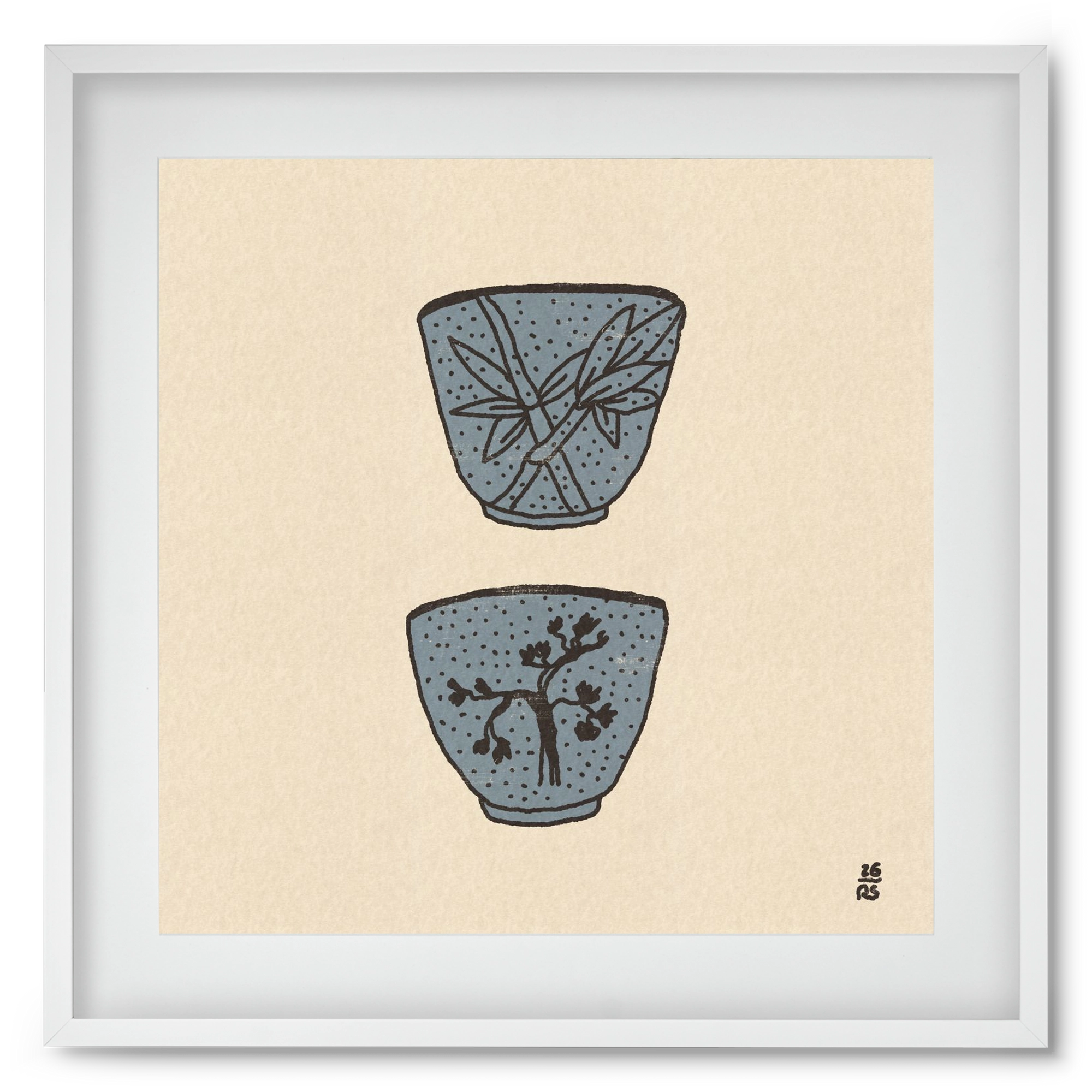 Tea Cups in Blue, 50x50 cm (40x40 cm), Fehér keret, paszpartuval