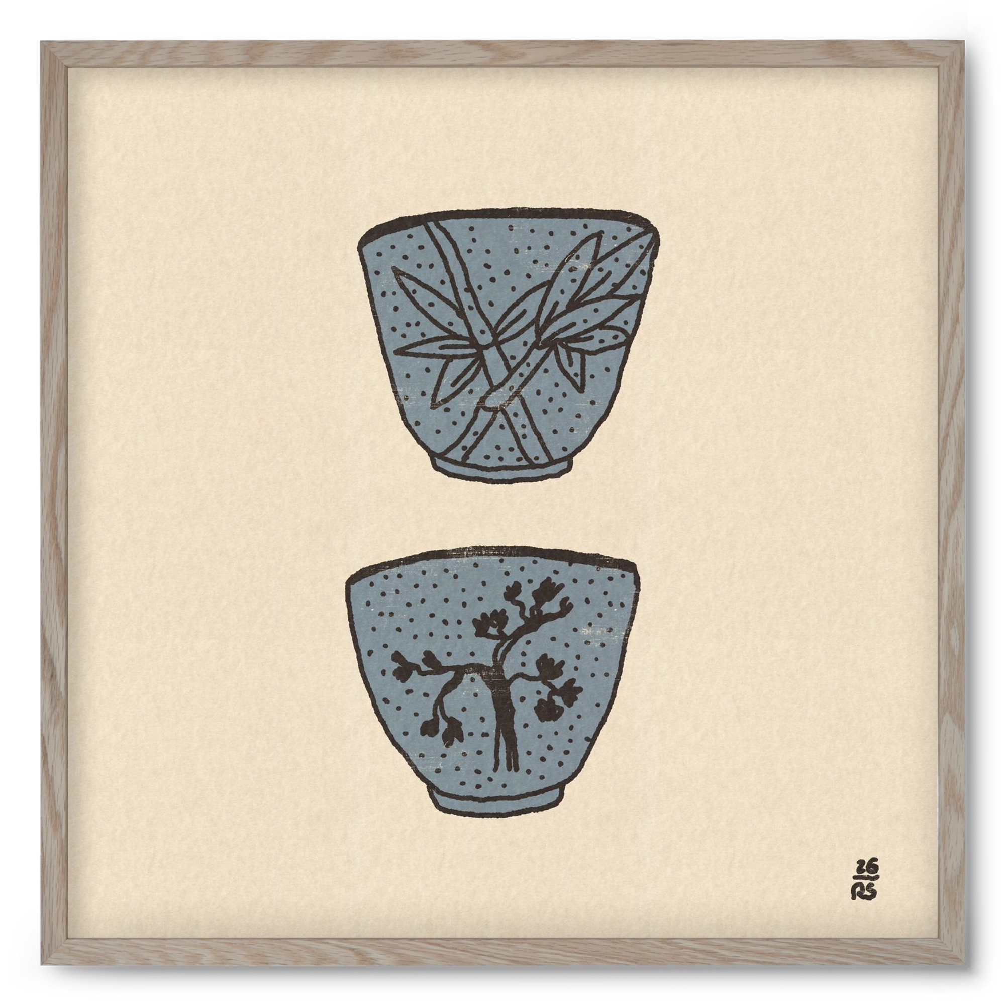 Tea Cups in Blue, 50x50 cm (50x50 cm), Tölgy keret