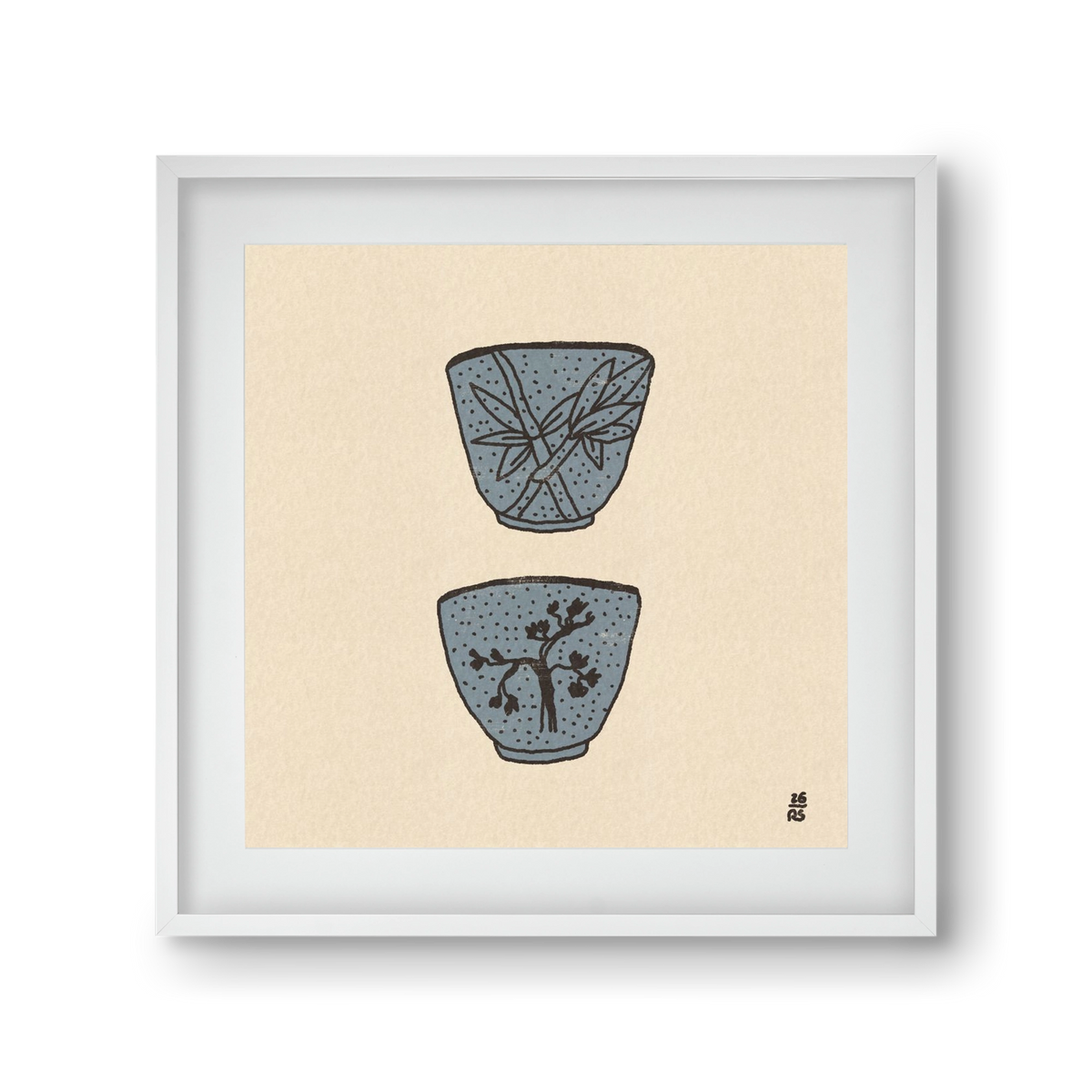 Tea Cups in Blue, 30x30 cm (20x20 cm), Fehér keret, paszpartuval