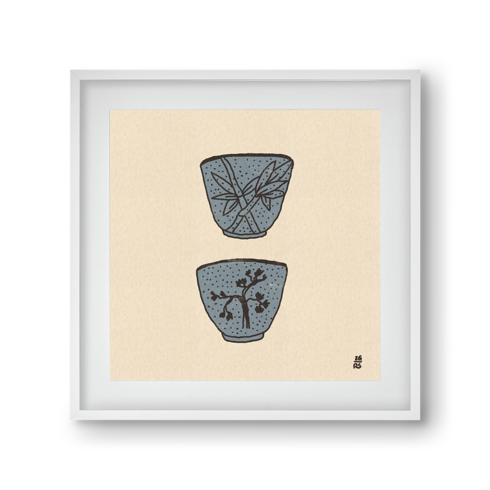 Tea Cups in Blue, 30x30 cm (20x20 cm), Fehér keret, paszpartuval