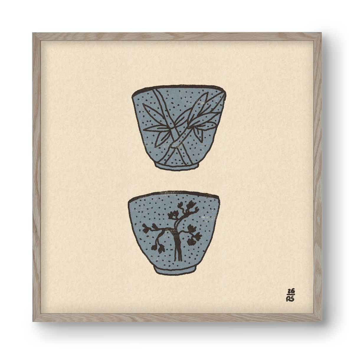 Tea Cups in Blue, 40x40 cm (40x40 cm), Tölgy keret