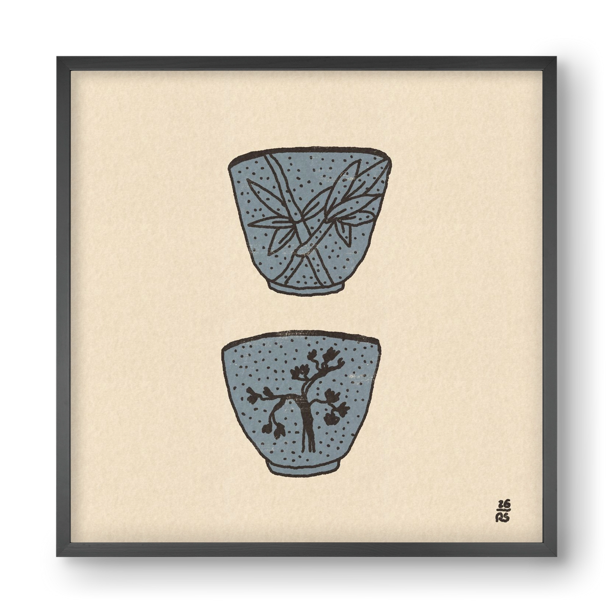 Tea Cups in Blue, 40x40 cm (40x40 cm), Fekete keret