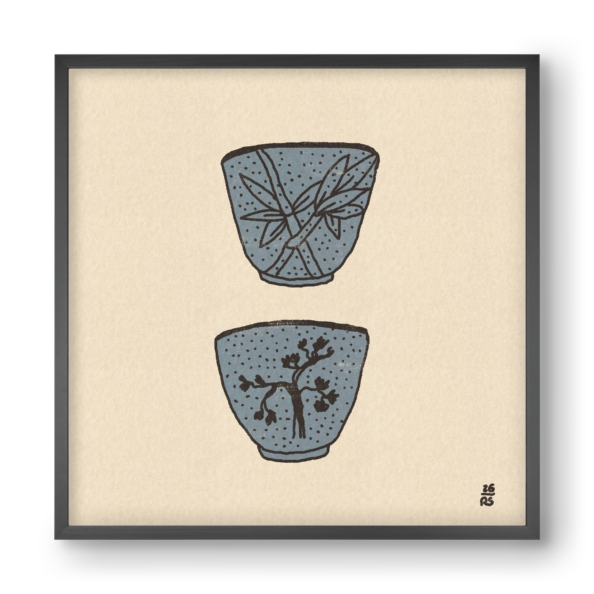 Tea Cups in Blue, 40x40 cm (40x40 cm), Fekete keret