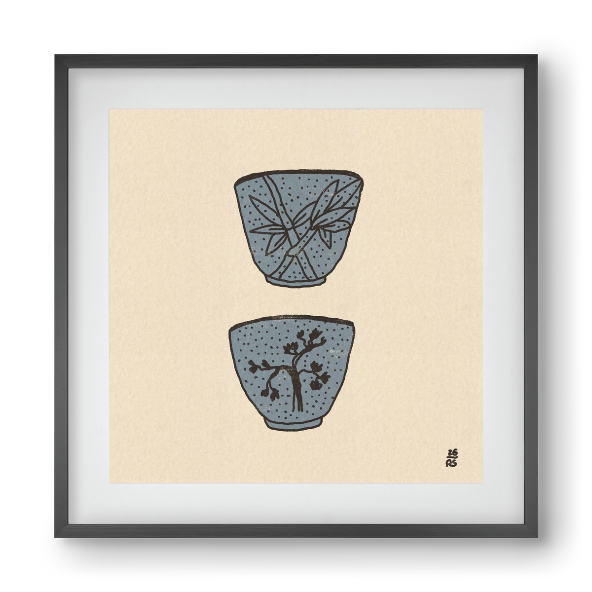 Tea Cups in Blue, 40x40 cm (30x30 cm), Fekete keret, paszpartuval