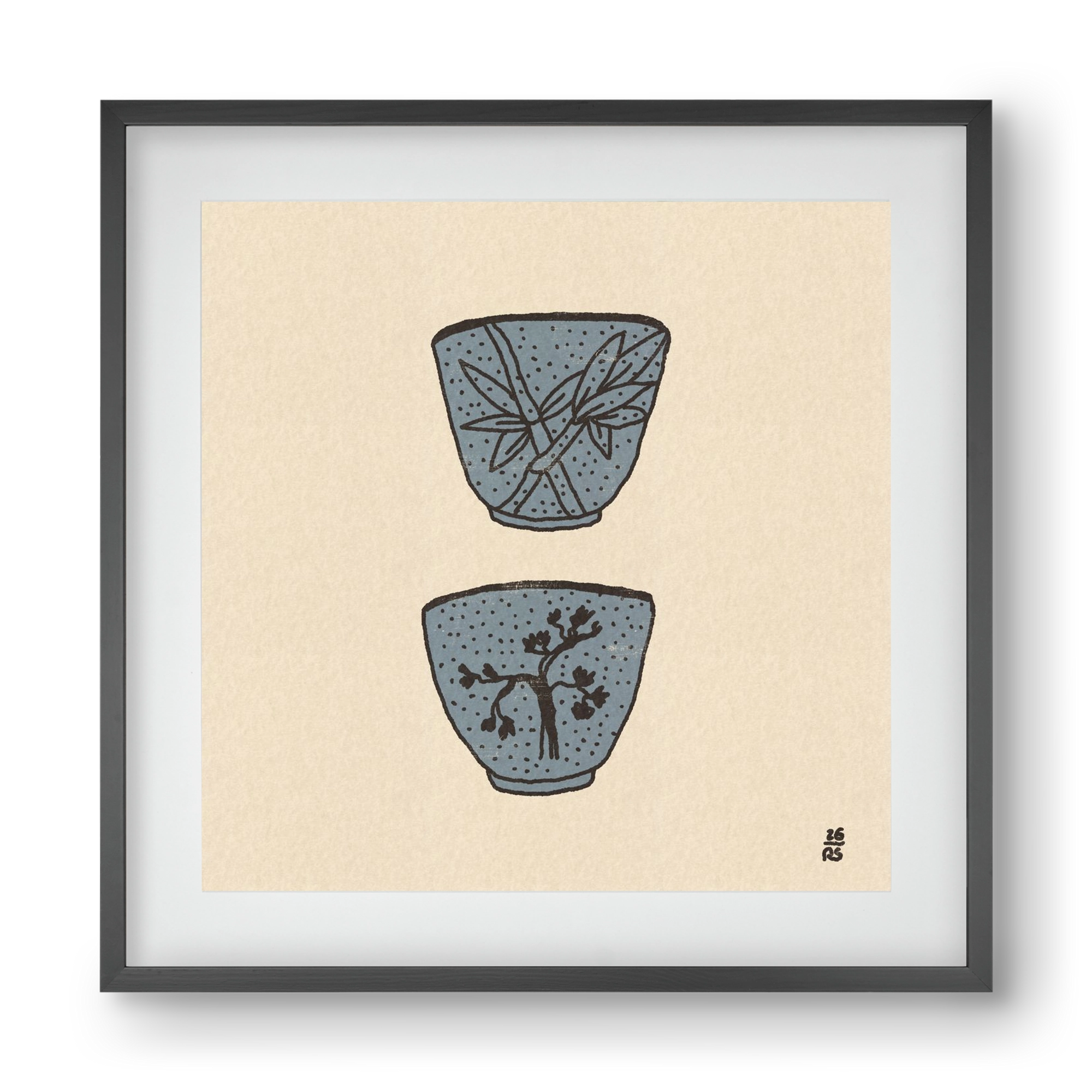 Tea Cups in Blue, 40x40 cm (30x30 cm), Fekete keret, paszpartuval