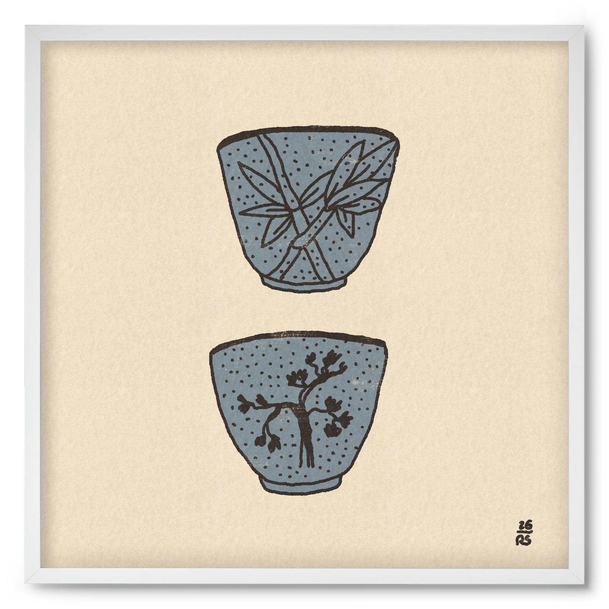 Tea Cups in Blue, 50x50 cm (50x50 cm), Fehér keret