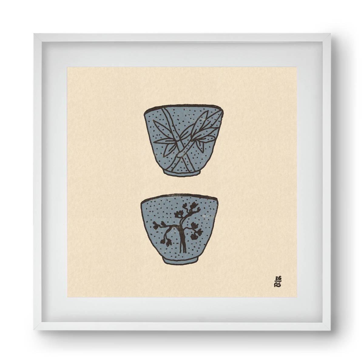 Tea Cups in Blue, 40x40 cm (30x30 cm), Fehér keret, paszpartuval