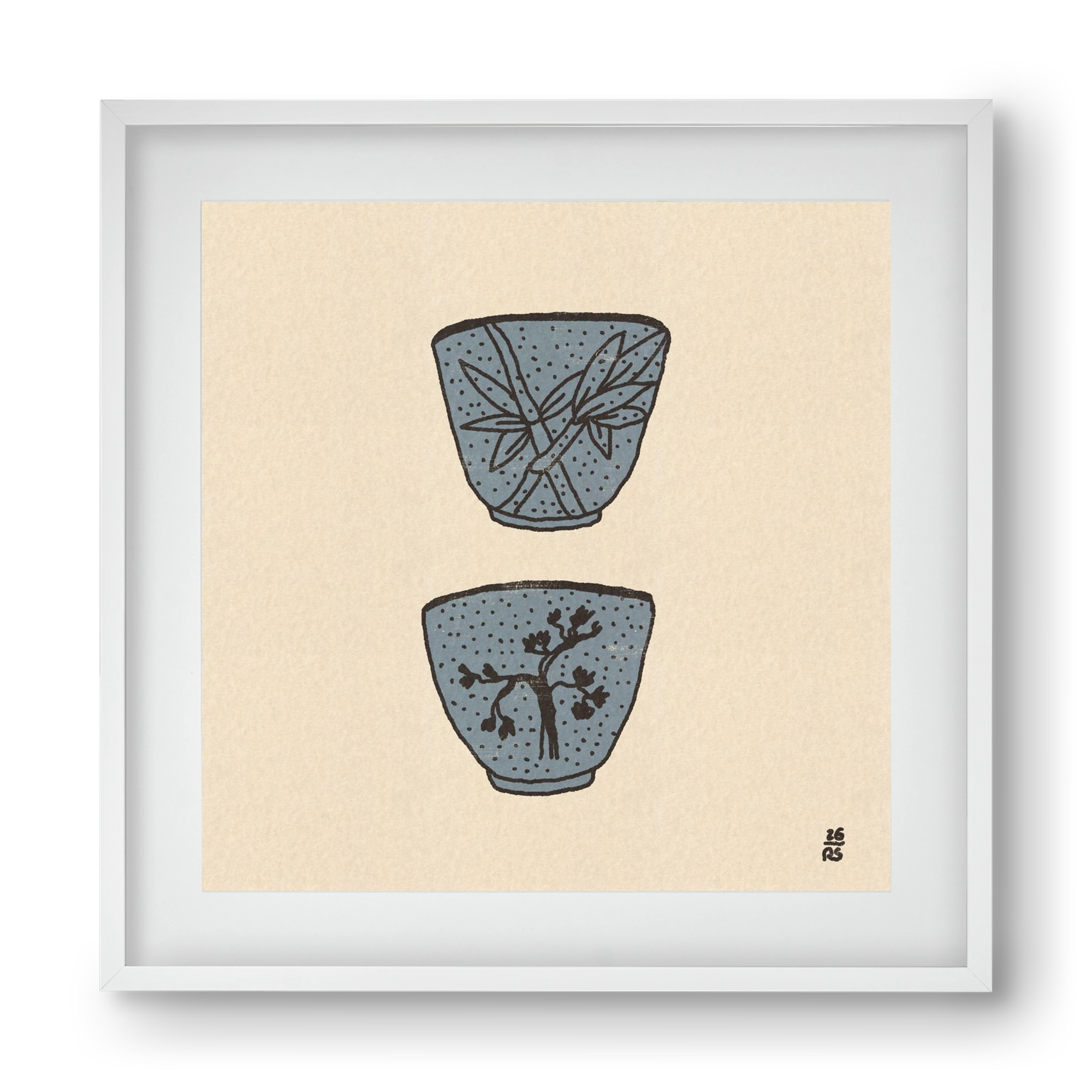 Tea Cups in Blue, 40x40 cm (30x30 cm), Fehér keret, paszpartuval