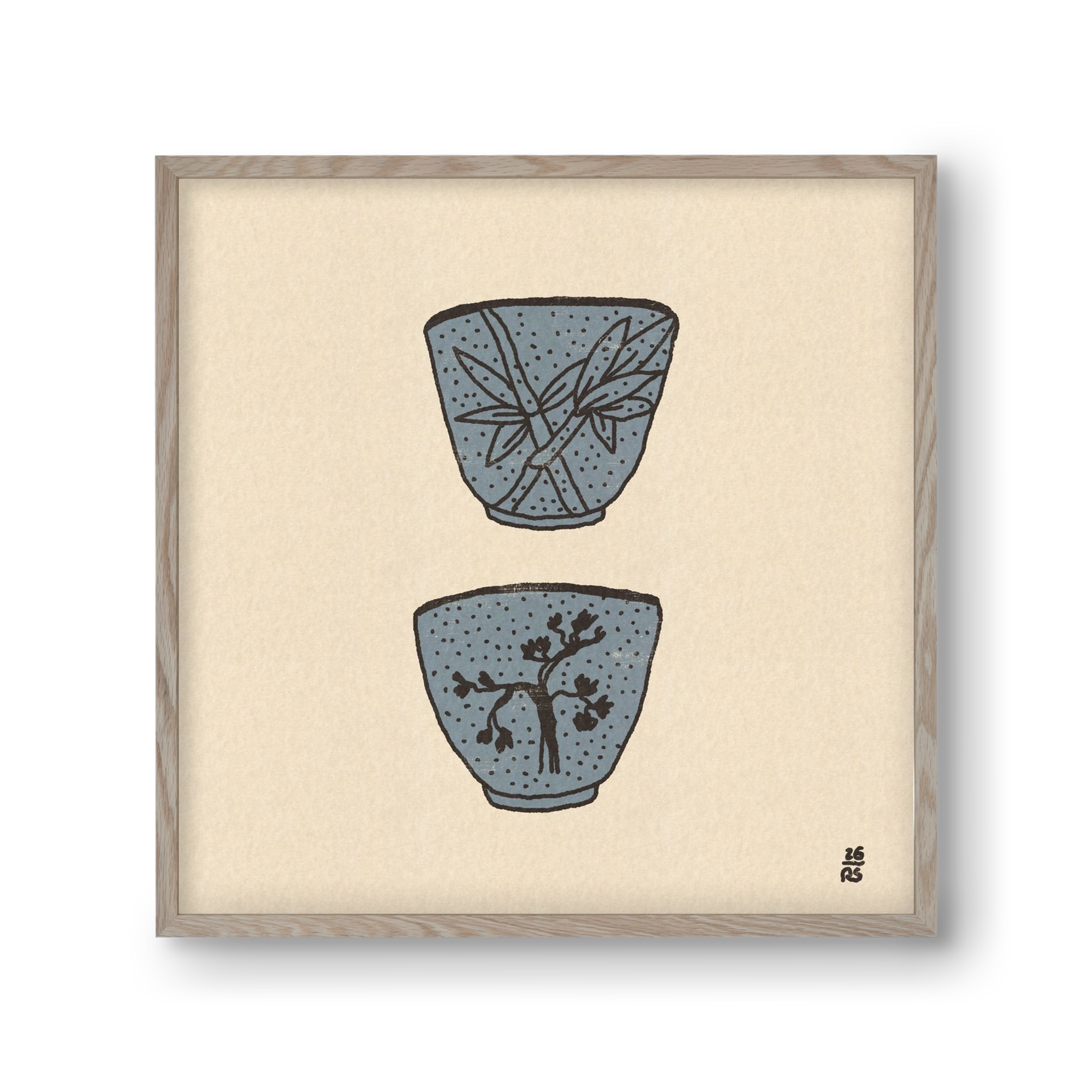 Tea Cups in Blue, 30x30 cm (30x30 cm), Tölgy keret