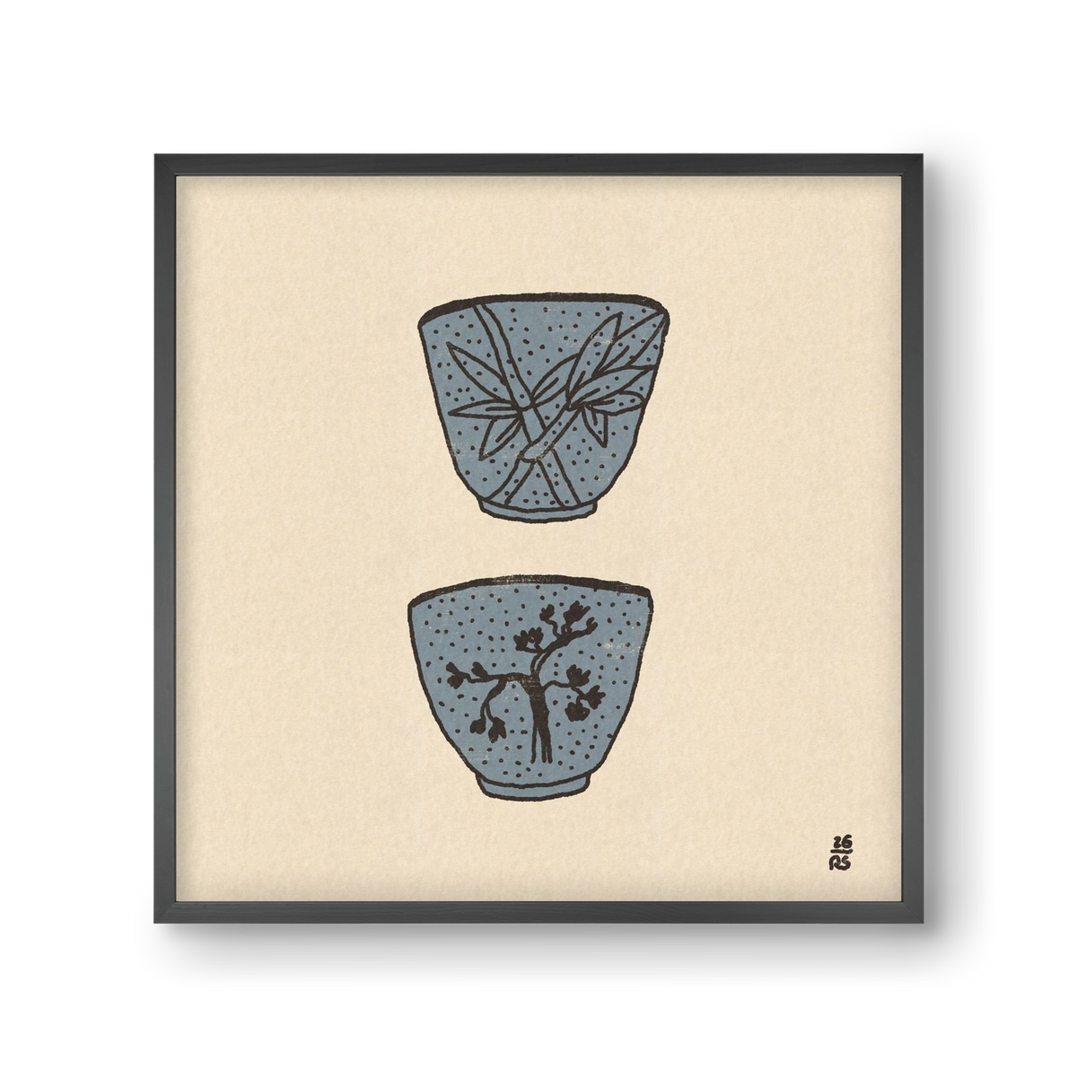 Tea Cups in Blue, 30x30 cm (30x30 cm), Fekete keret