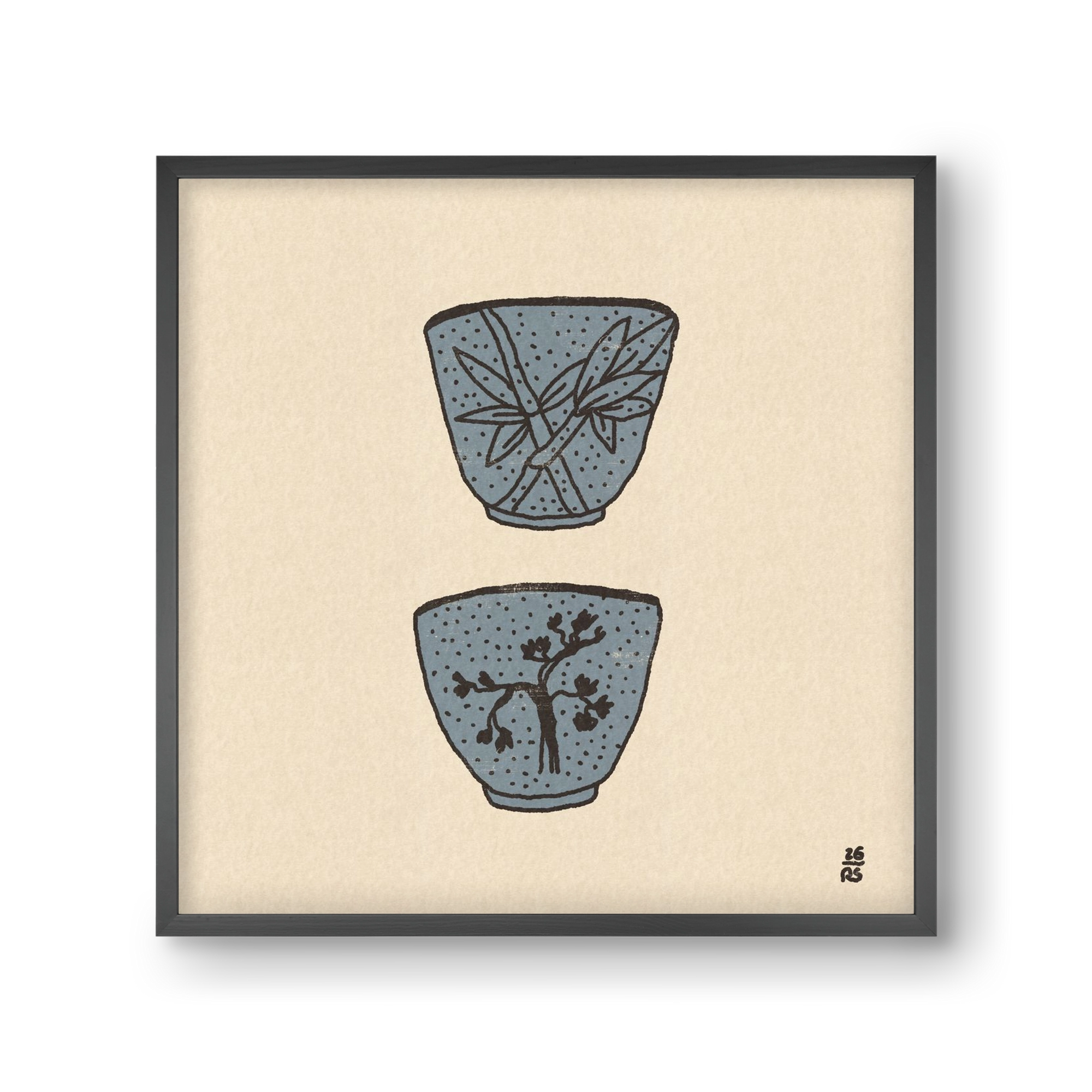 Tea Cups in Blue, 30x30 cm (30x30 cm), Fekete keret