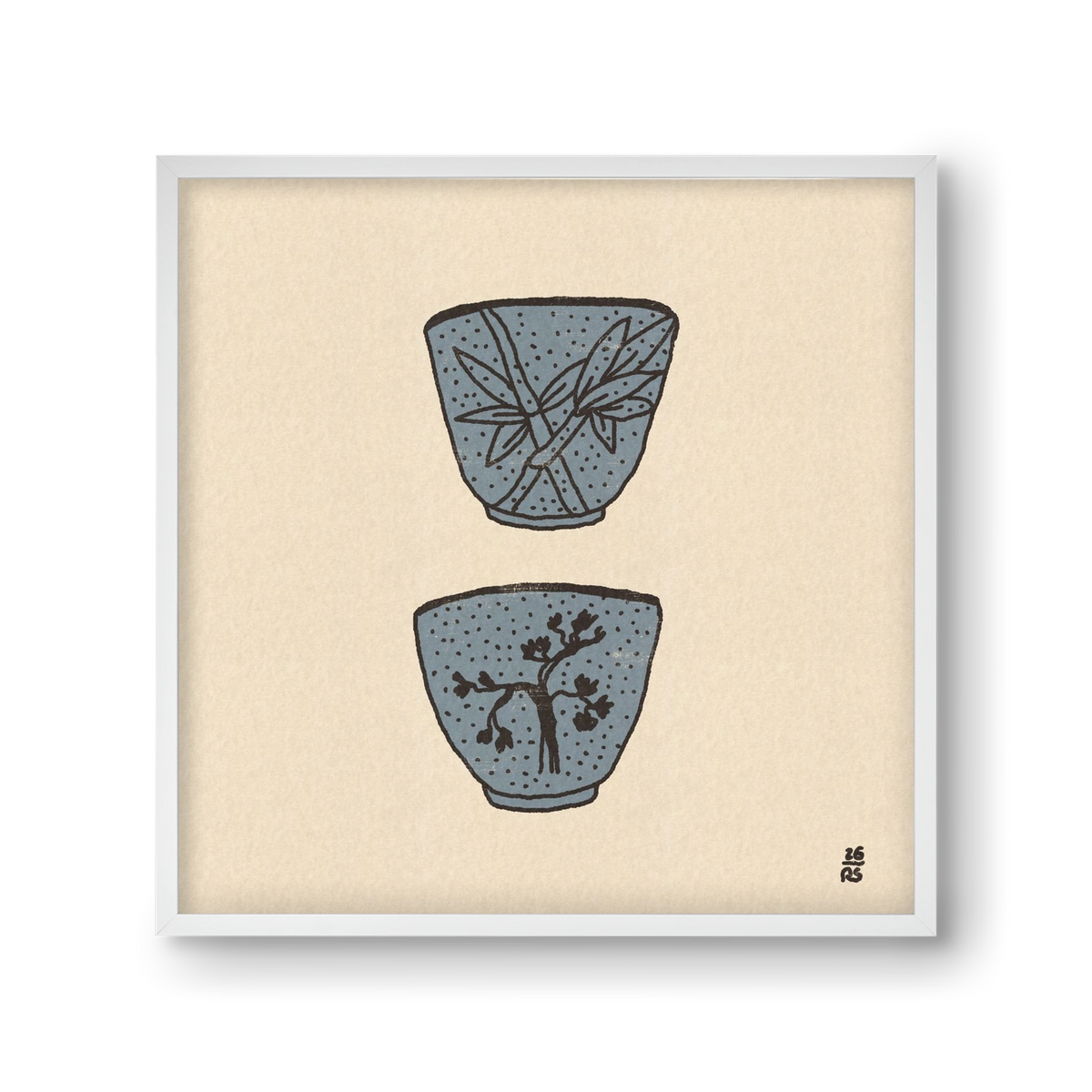 Tea Cups in Blue, 30x30 cm (30x30 cm), Fehér keret