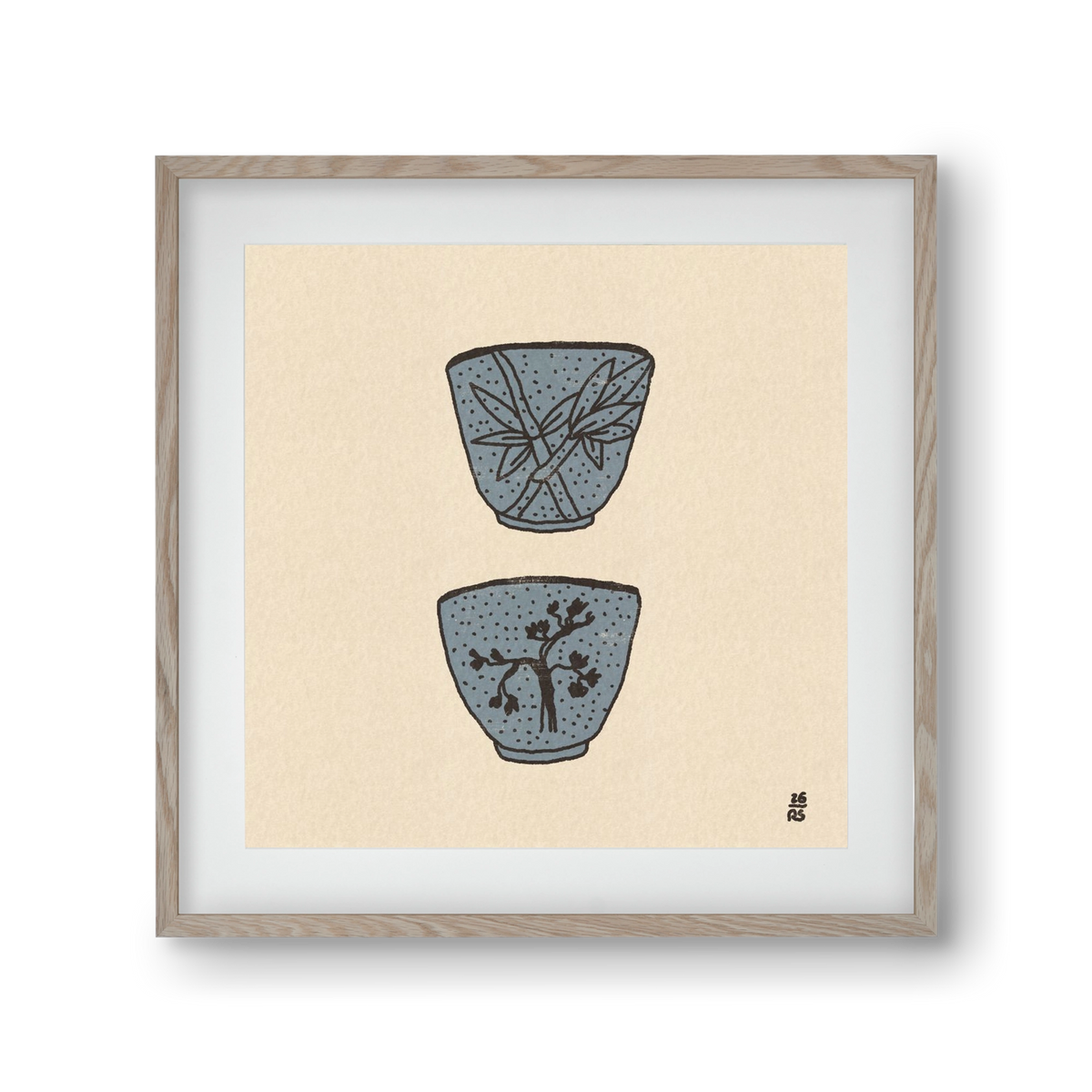 Tea Cups in Blue, 30x30 cm (20x20 cm), Tölgy keret, paszpartuval