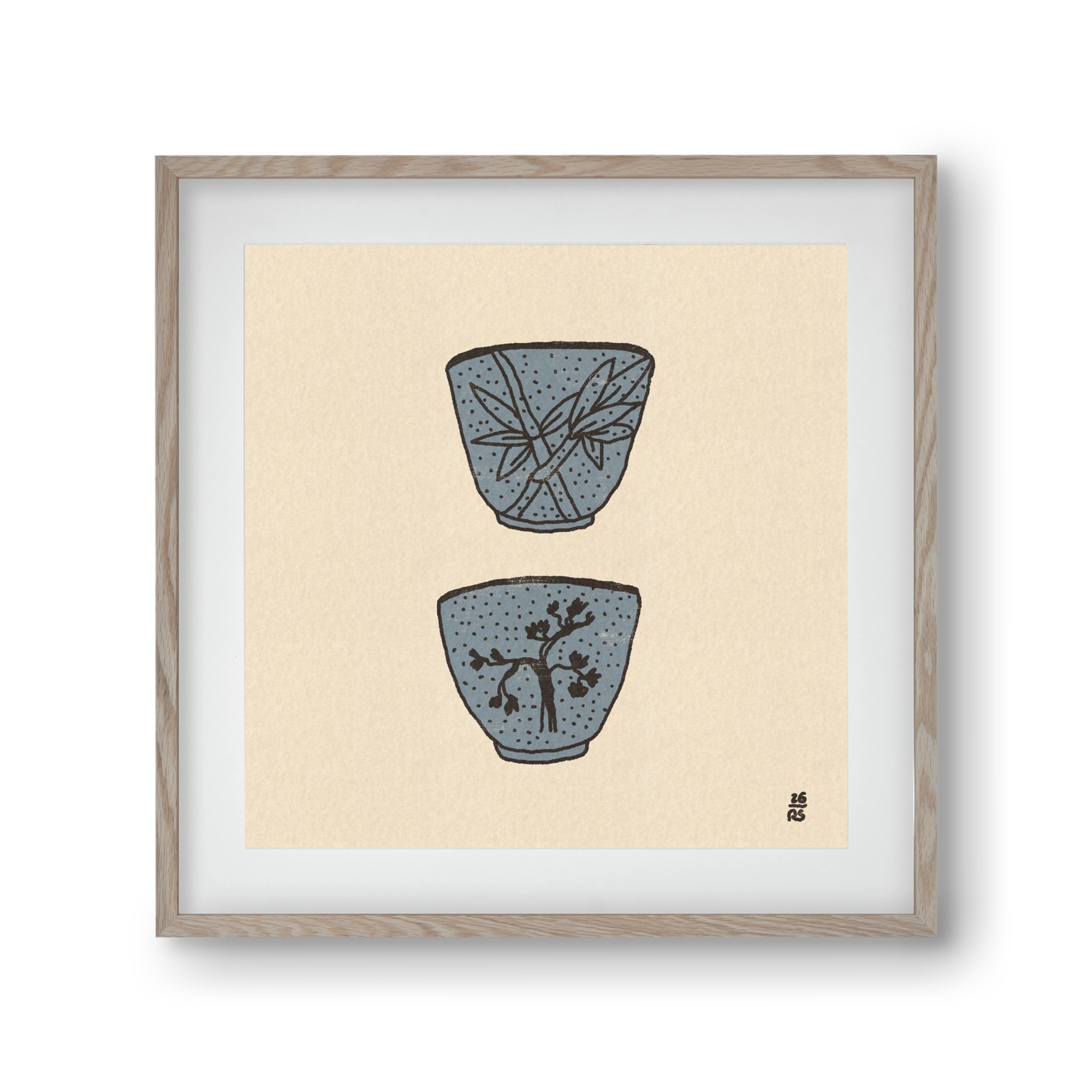 Tea Cups in Blue, 30x30 cm (20x20 cm), Tölgy keret, paszpartuval