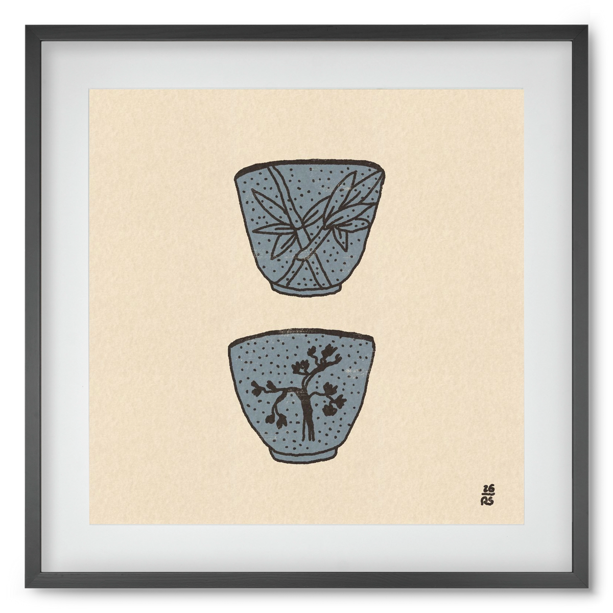 Tea Cups in Blue, 50x50 cm (40x40 cm), Fekete keret, paszpartuval