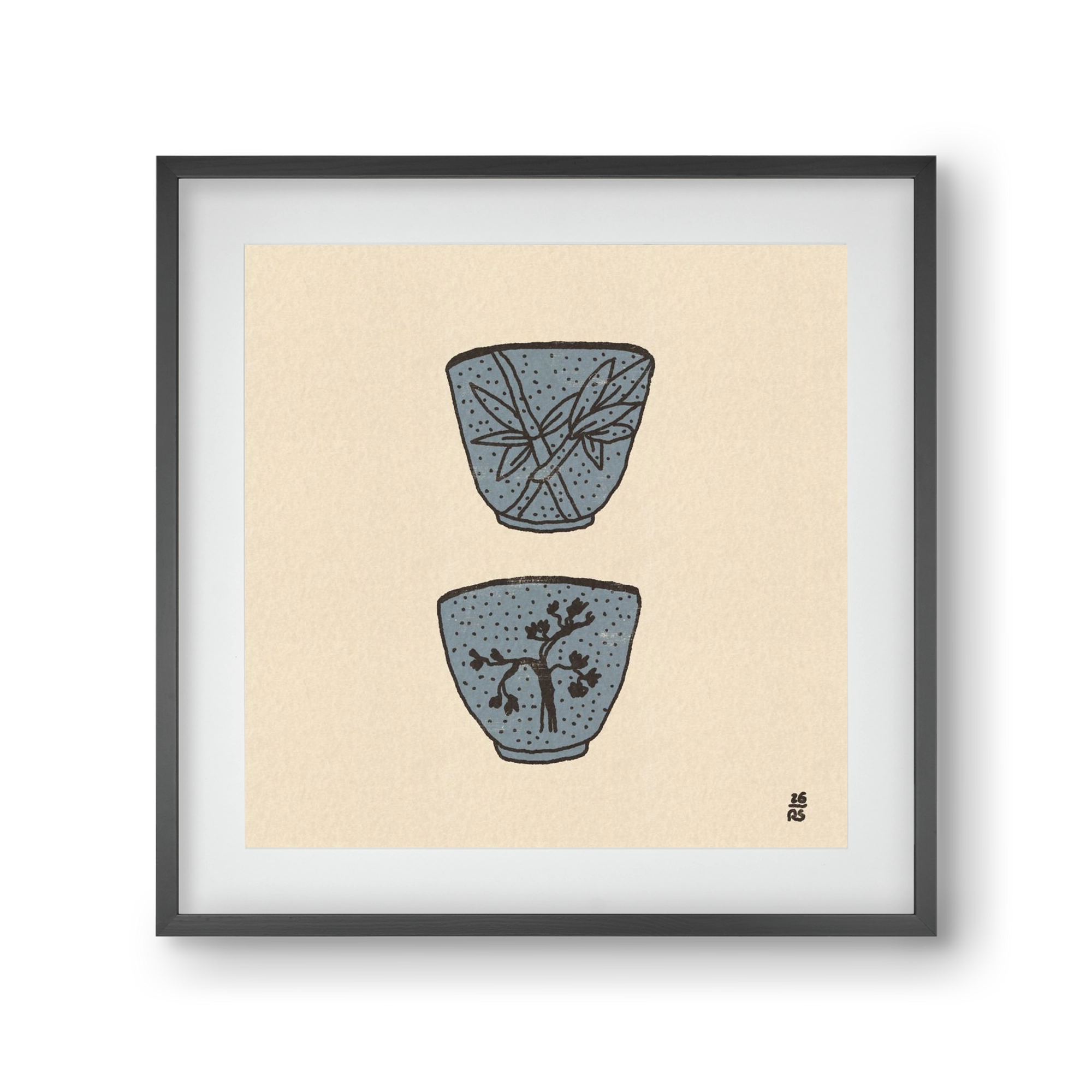 Tea Cups in Blue, 30x30 cm (20x20 cm), Fekete keret, paszpartuval