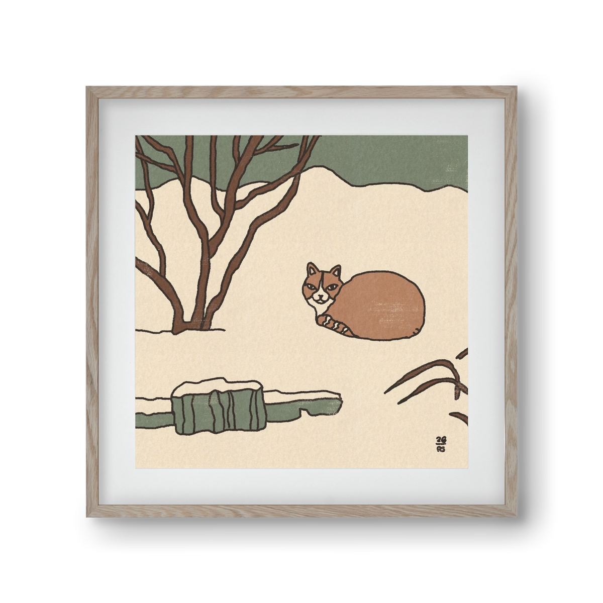 Winter Cat, 30x30 cm (20x20 cm), Tölgy keret, paszpartuval