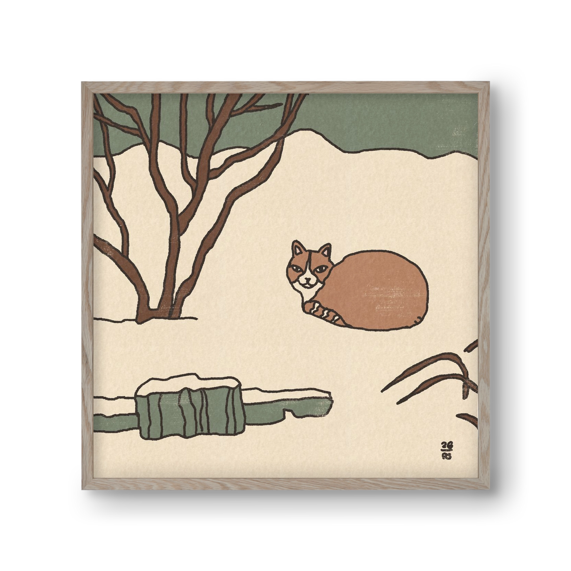 Winter Cat, 30x30 cm (30x30 cm), Tölgy keret