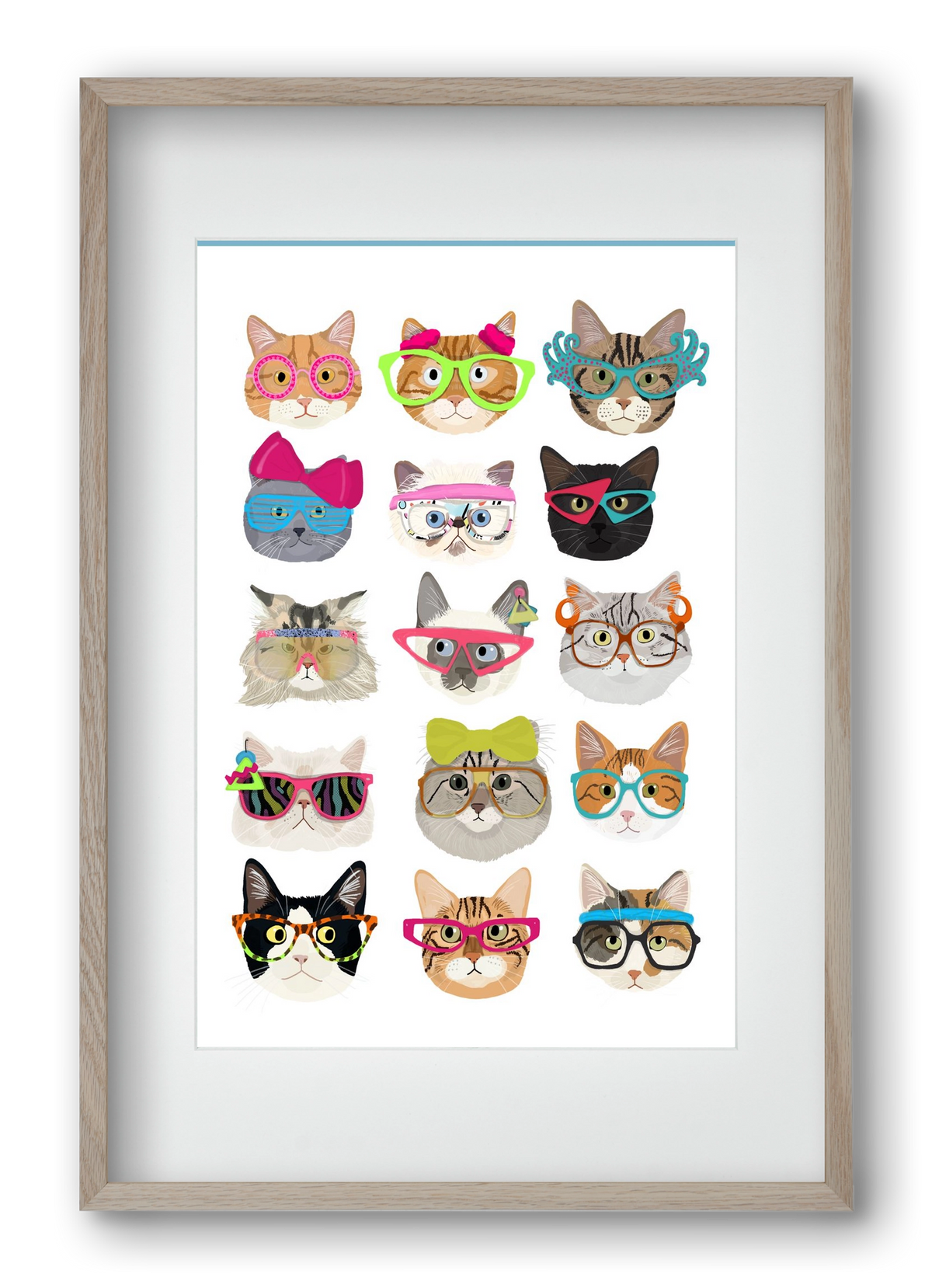 Cats in glasses 1980's , 40x60 cm (30x45 cm), Tölgy keret, paszpartuval