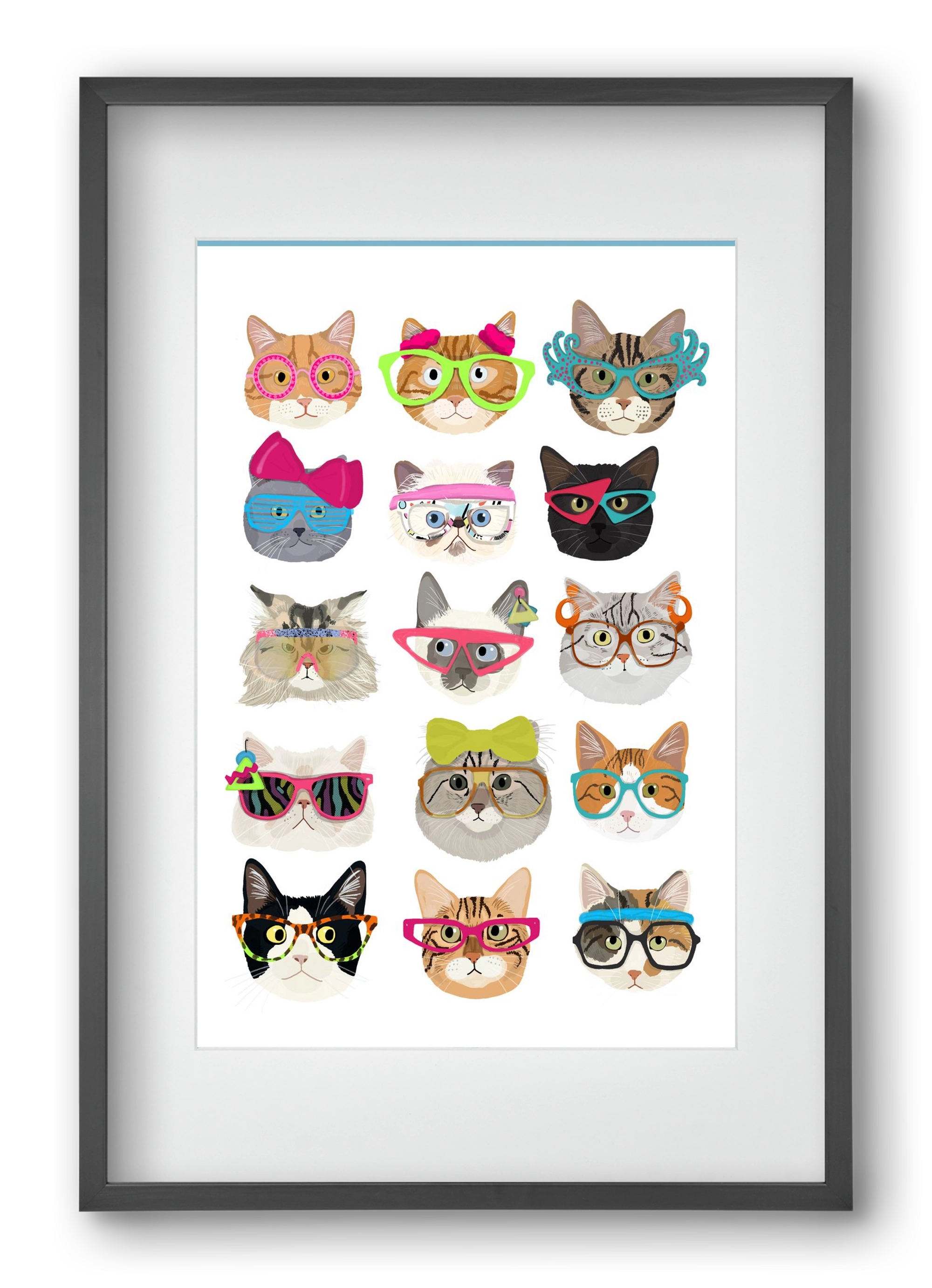 Cats in glasses 1980's , 40x60 cm (30x45 cm), Fekete keret, paszpartuval