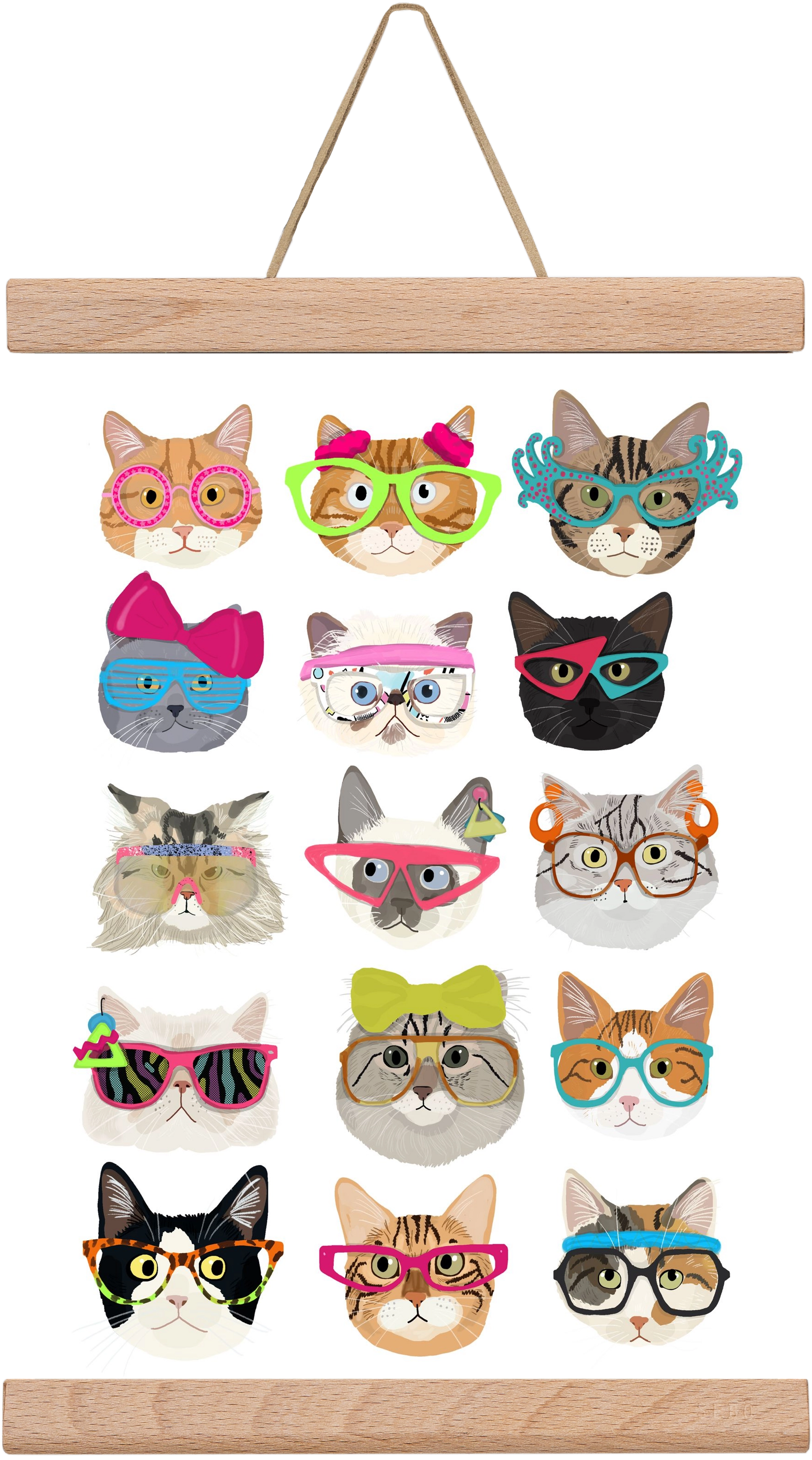 Cats in glasses 1980's , 20x30 cm (20x30 cm), Tölgy akasztó