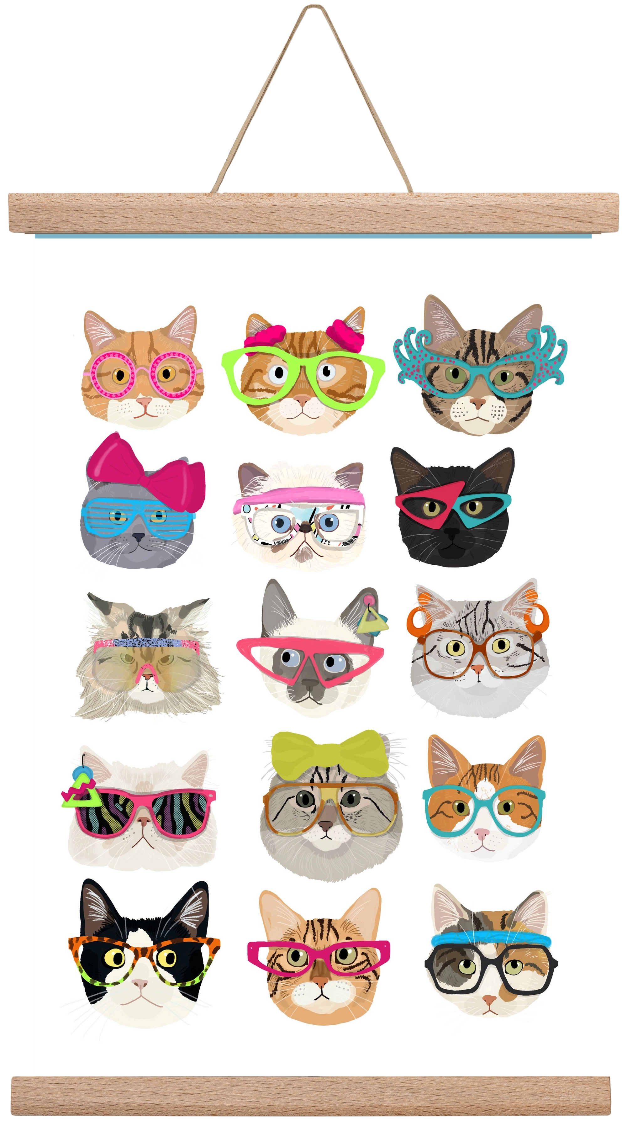 Cats in glasses 1980's , 30x45 cm (30x45 cm), Tölgy akasztó