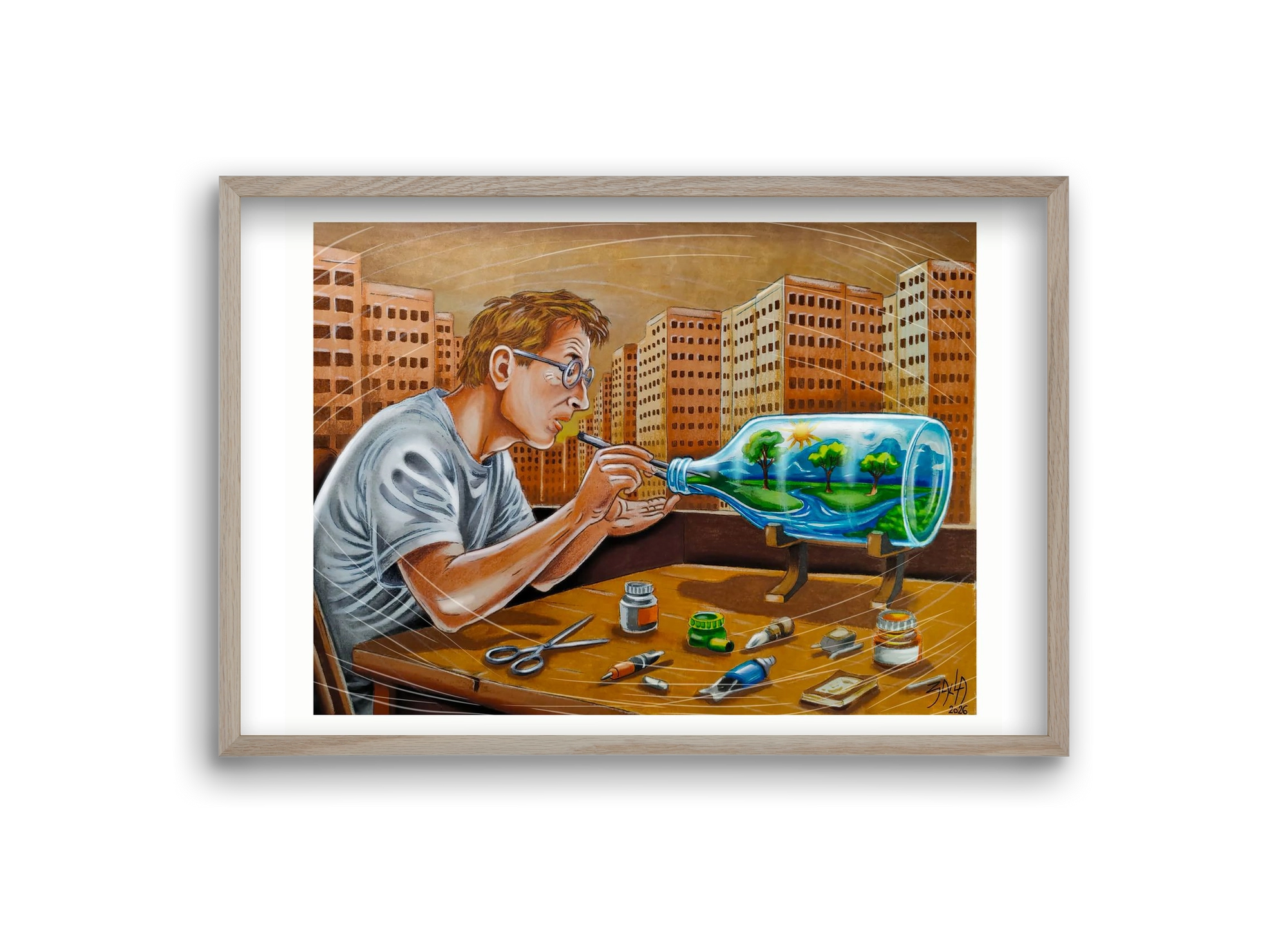 palackba zárva, 30x20 cm (30x20 cm), Tölgy keret